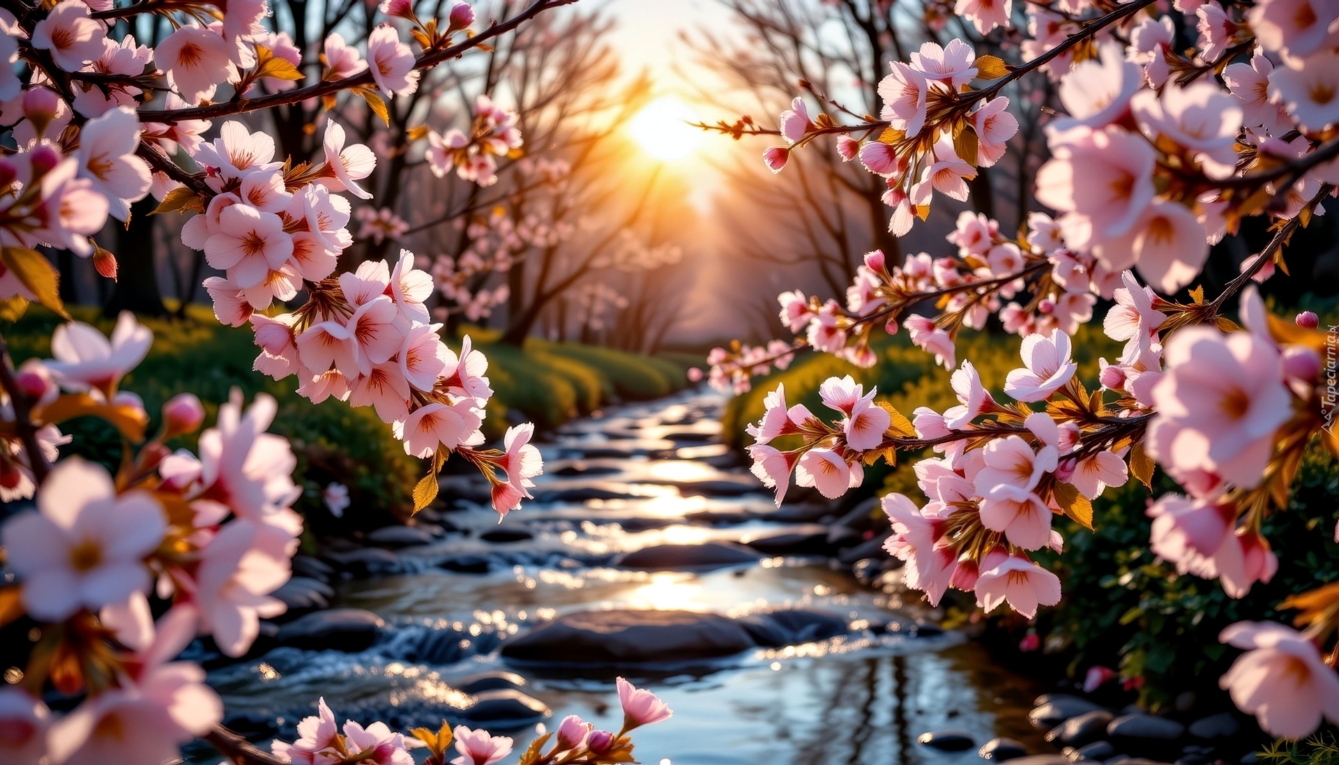 Wiosna, Kwitnące, Gałęzie, Różowe, Kwiaty, Strumień, Zachód słońca, Grafika AI