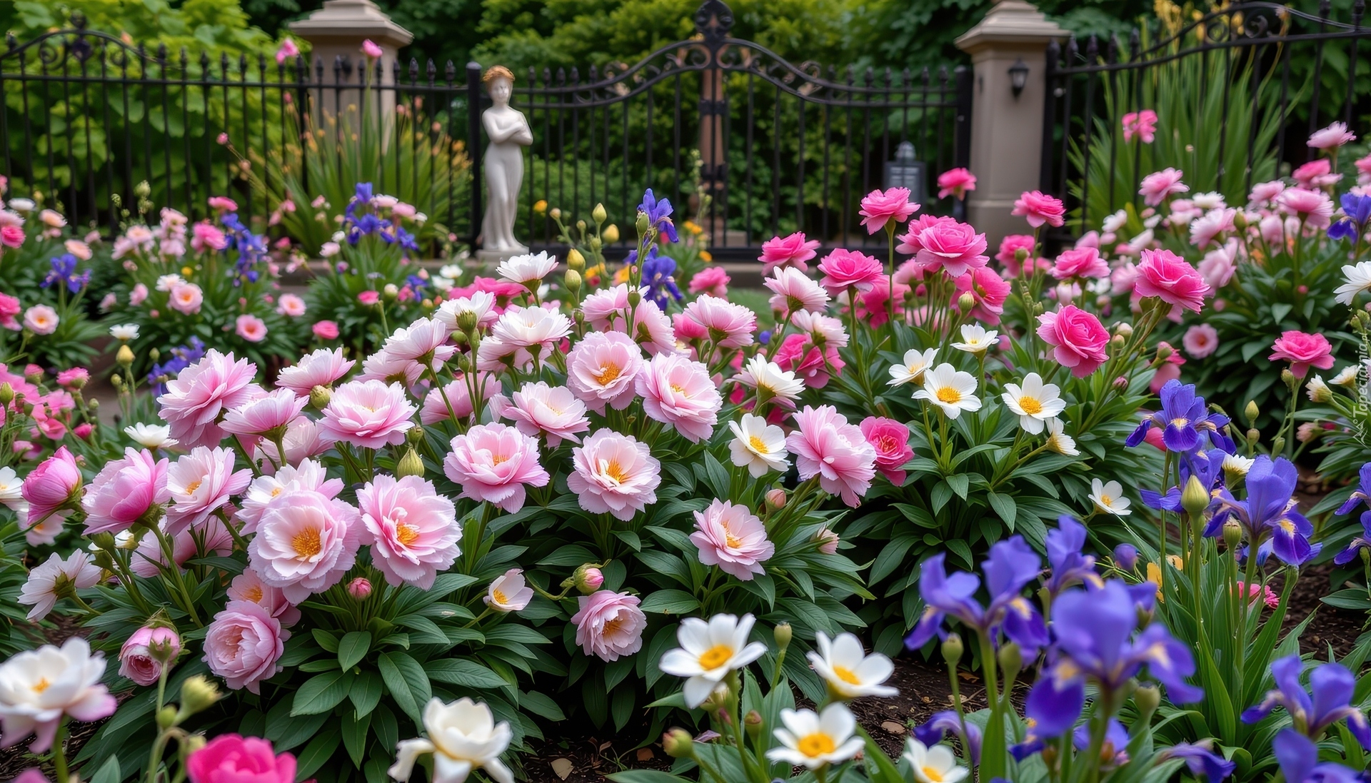 Ogród, Kwiaty, Piwonie, Irysy