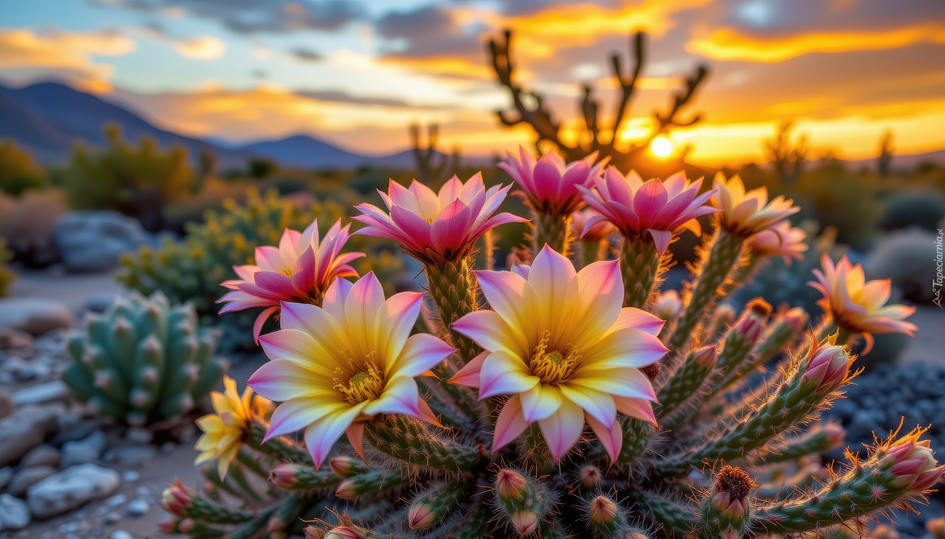 Kaktus, Kwiaty, Zachód słońca, Grafika AI