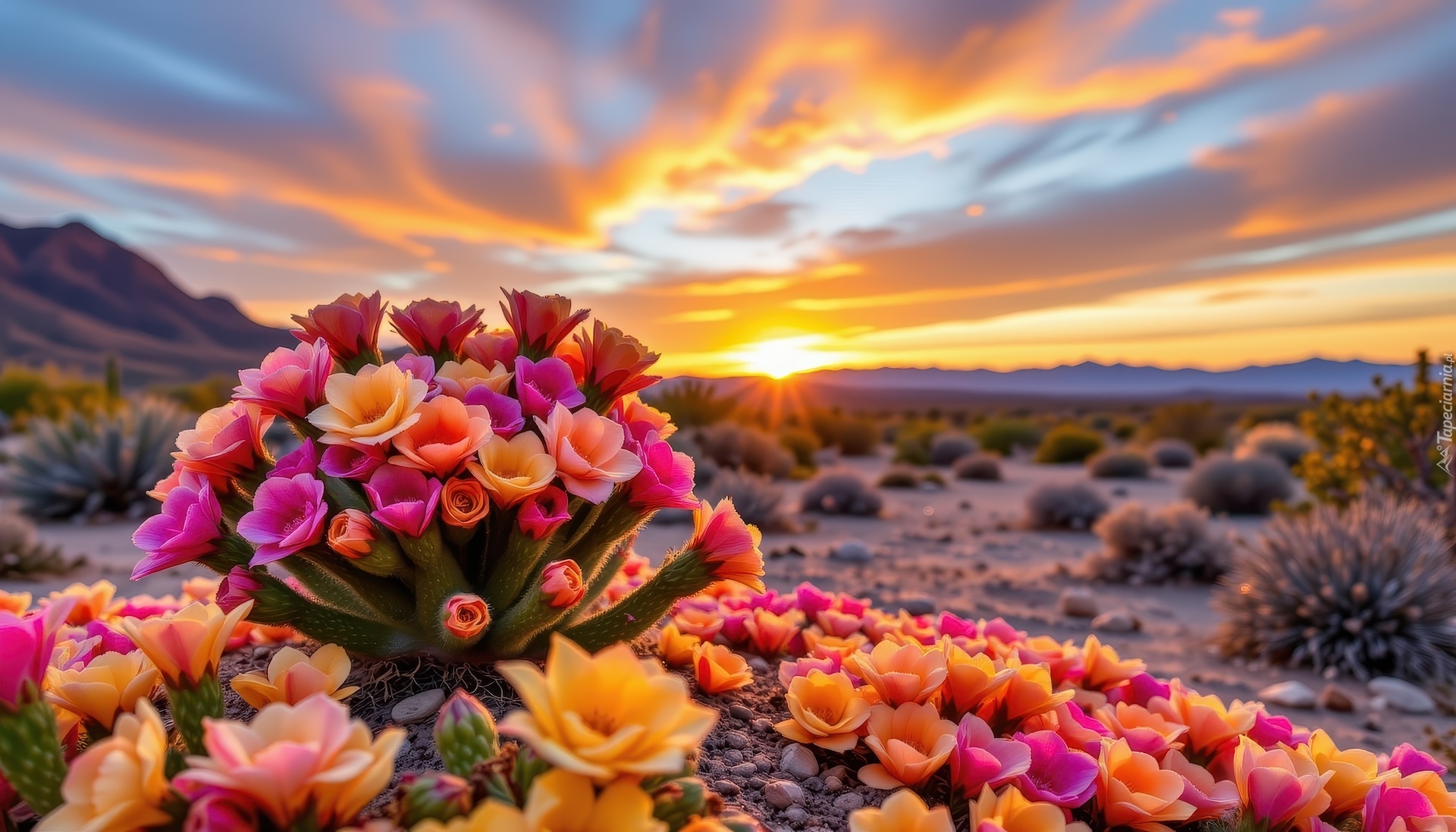 Kaktus, Kwiaty, Promienie słońca, AI