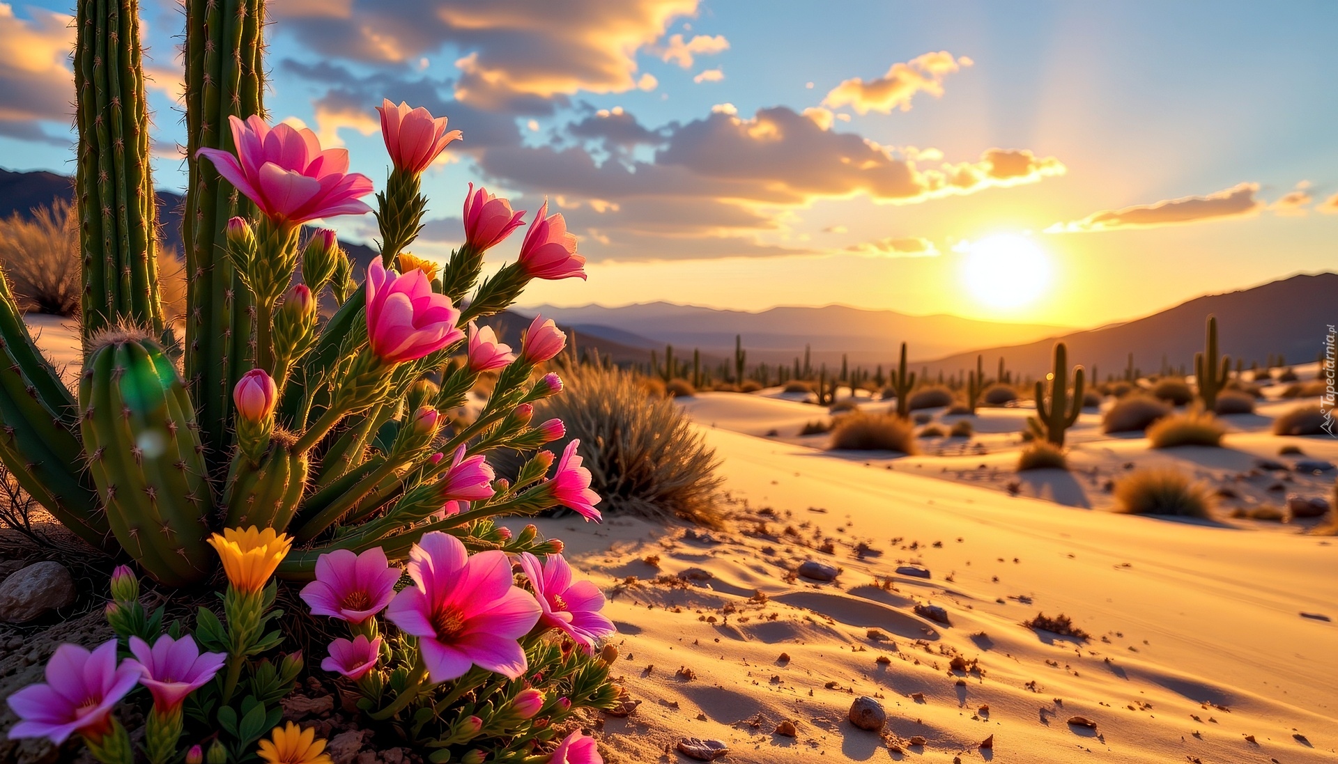 Kaktus, Kwiaty, Pustynia, Zachód słońca, Grafika AI