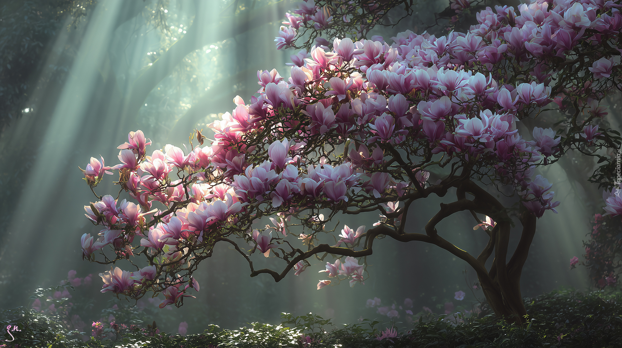 Magnolia, Krzew, Różowe, Kwiaty, Grafika AI