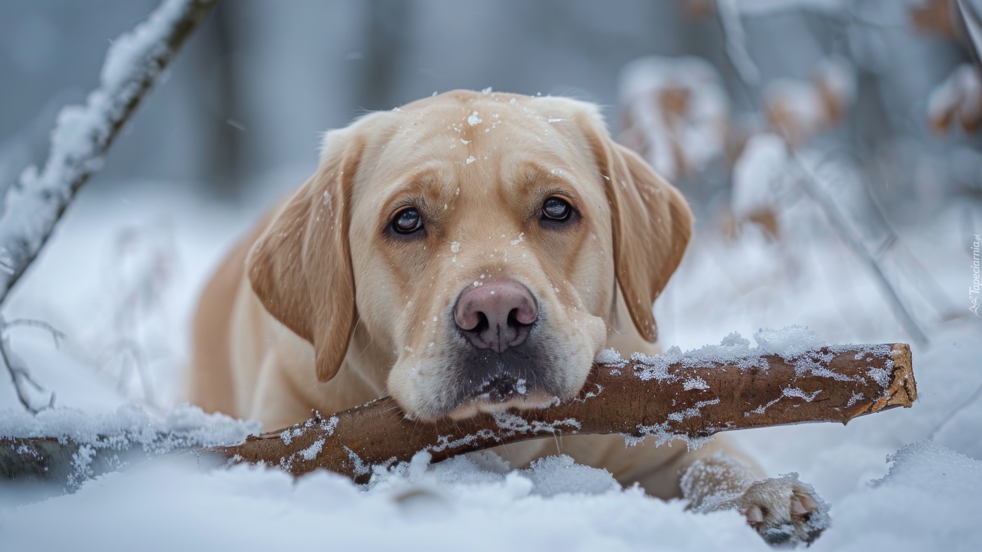 Leżący, Pies, Labrador retriever, Śnieg