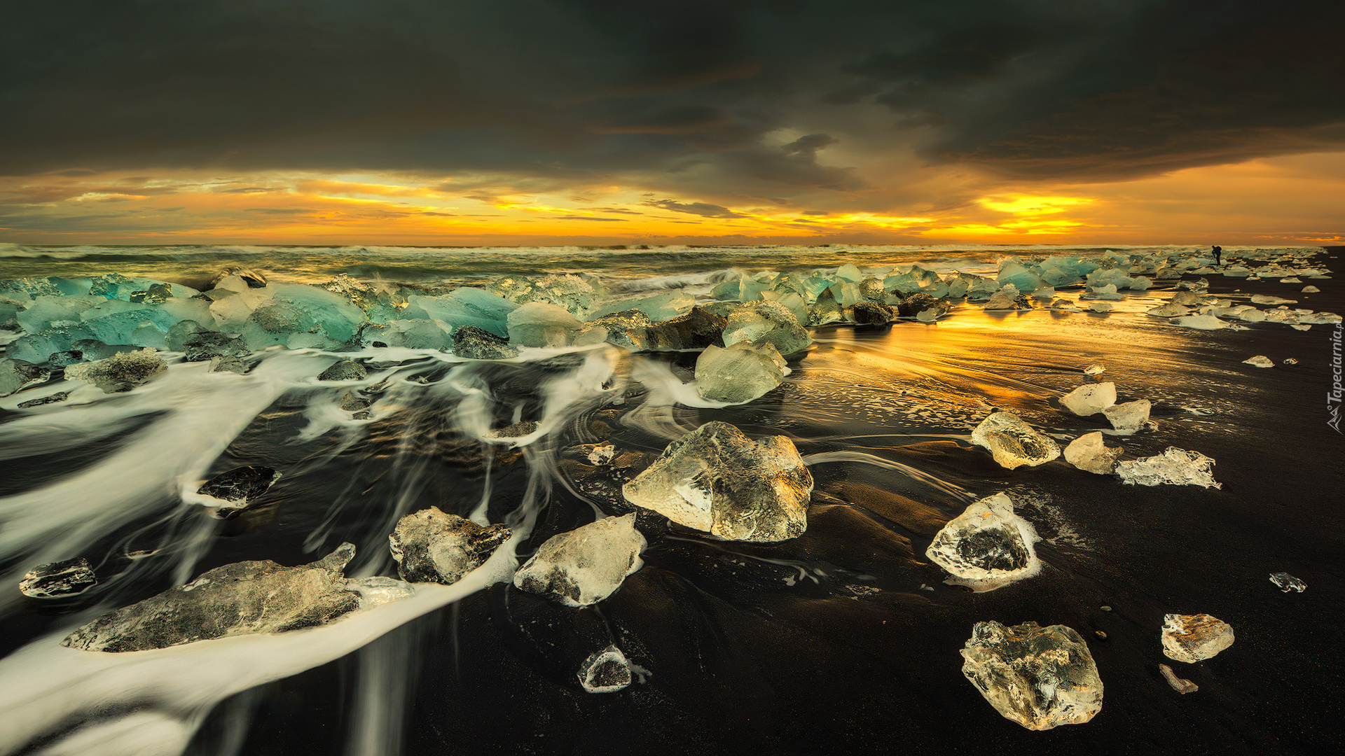 Islandia, Laguna Lodowcowa Jökulsárlón, Diamond Beach, Plaża, Bryły, Lód, Zachód słońca, Morze