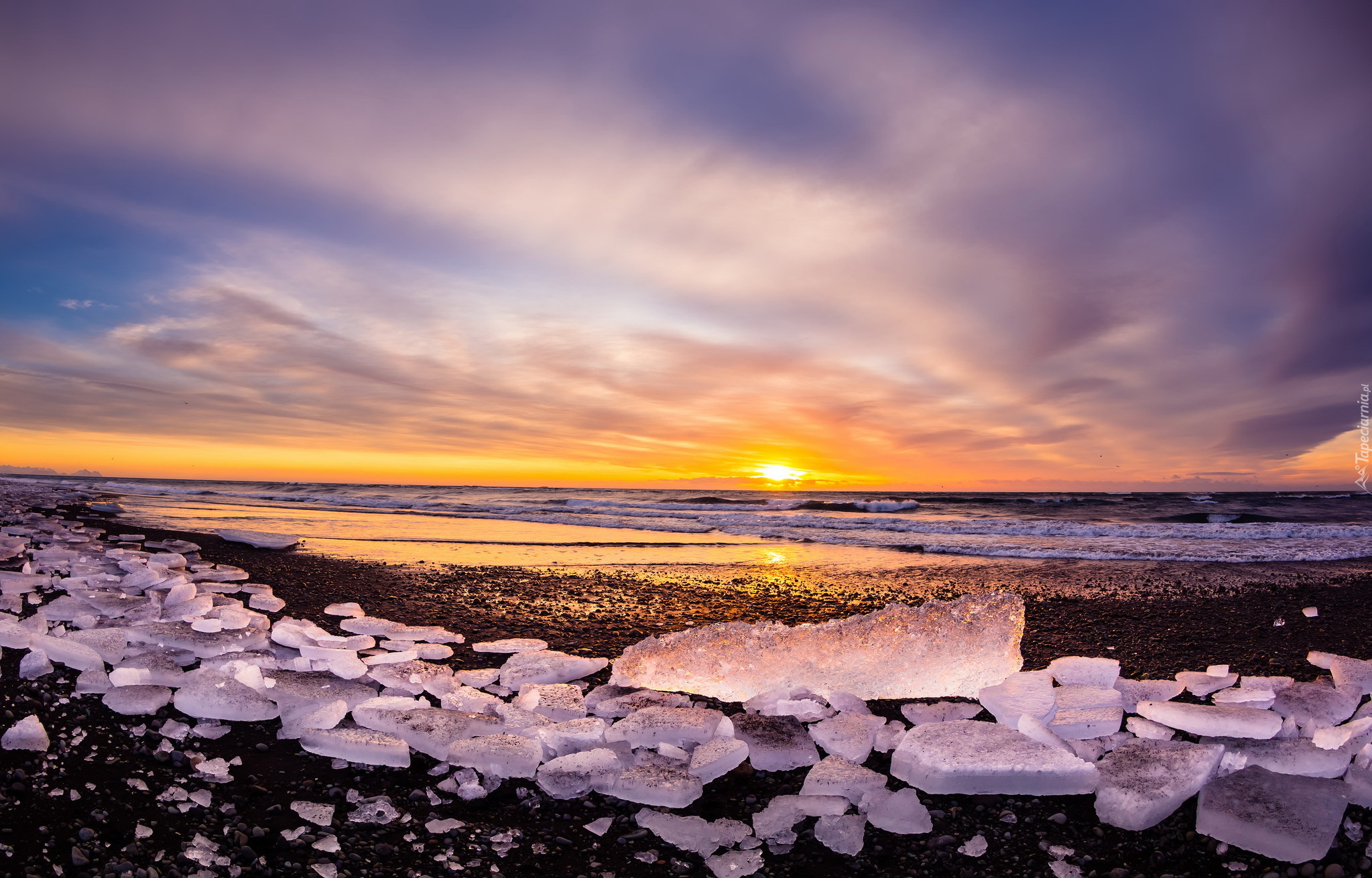 Islandia, Laguna Jökulsárlón, Morze, Zachód słońca, Lód