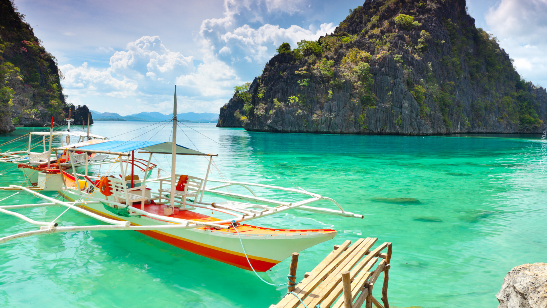 Morze, Skały, Łódka, Laguna, Wyspa Coron, Palawan, Filipiny