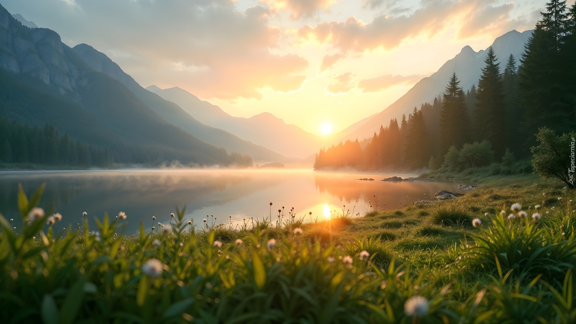 Jezioro, Góry, Drzewa, Łąka