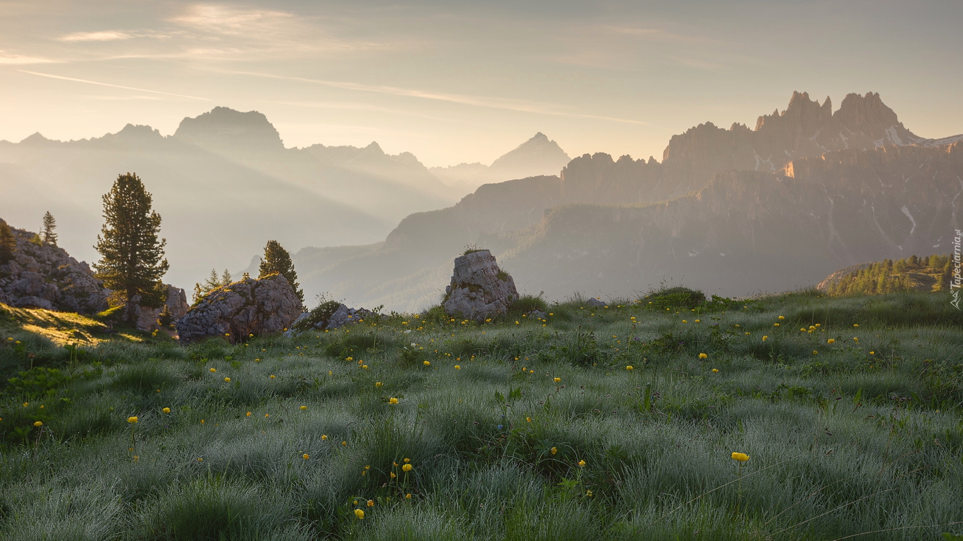 Zamglone, Góry, Dolomity, Łąka, Skały, Wschód słońca, Włochy