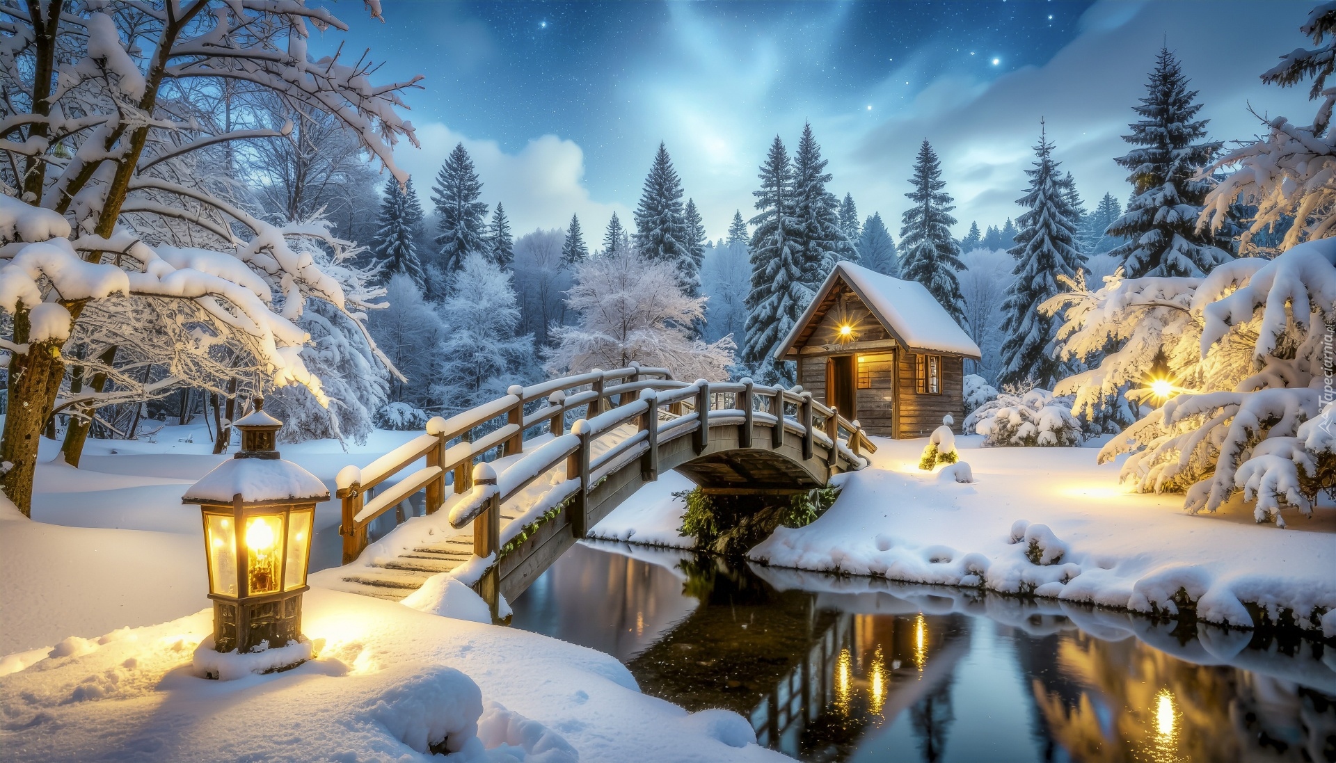 Zima, Rzeka, Most, Lampa, Dom, Las, Ośnieżone, Drzewa, Śnieg