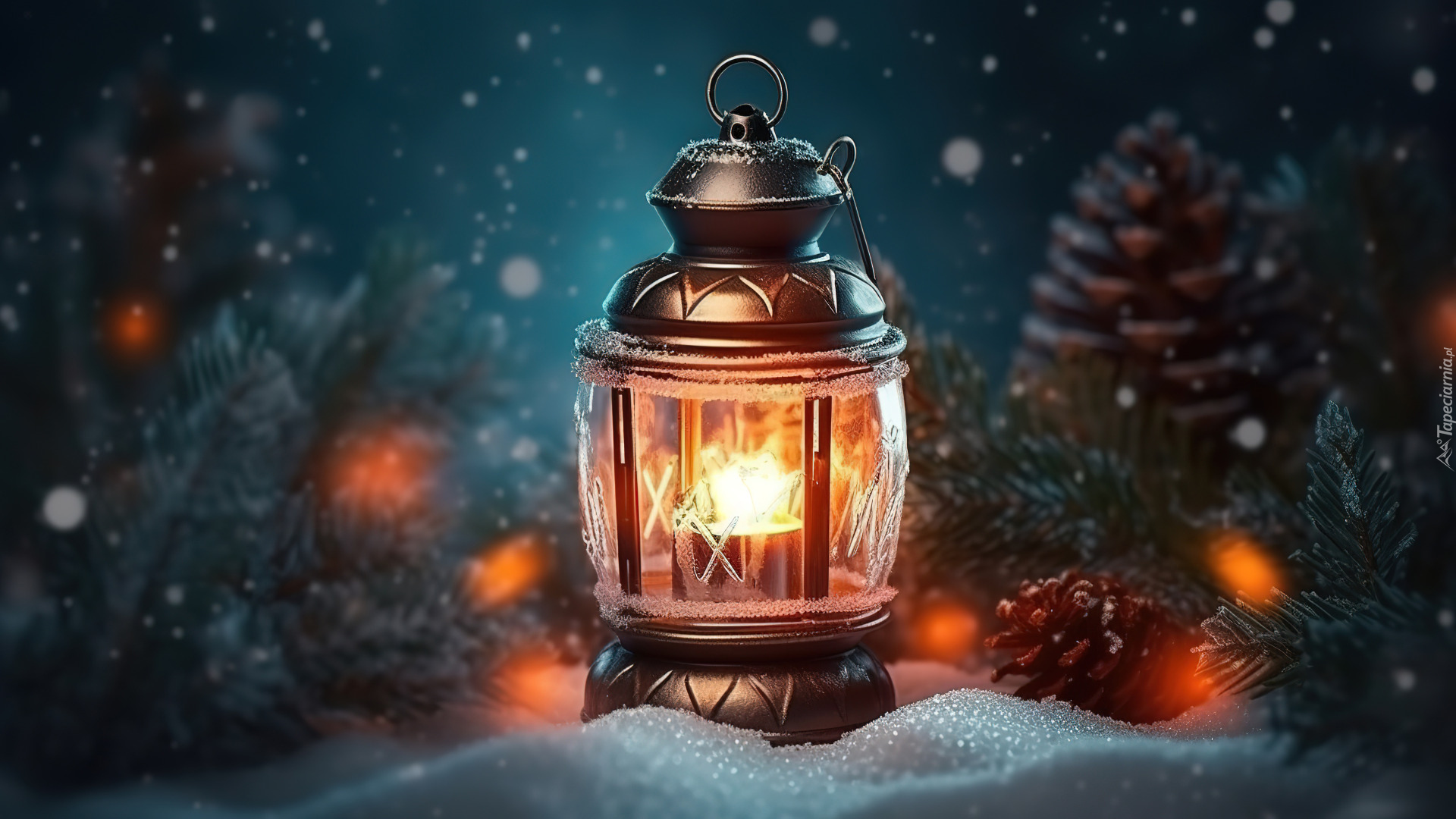 Zima, Lampion, Świeca, Szyszki, Świerk, Śnieg