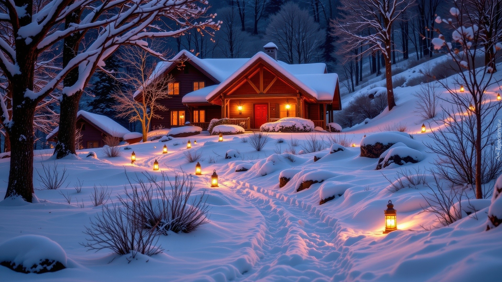 Zima, Las, Dom, Oświetlenie, Lampiony