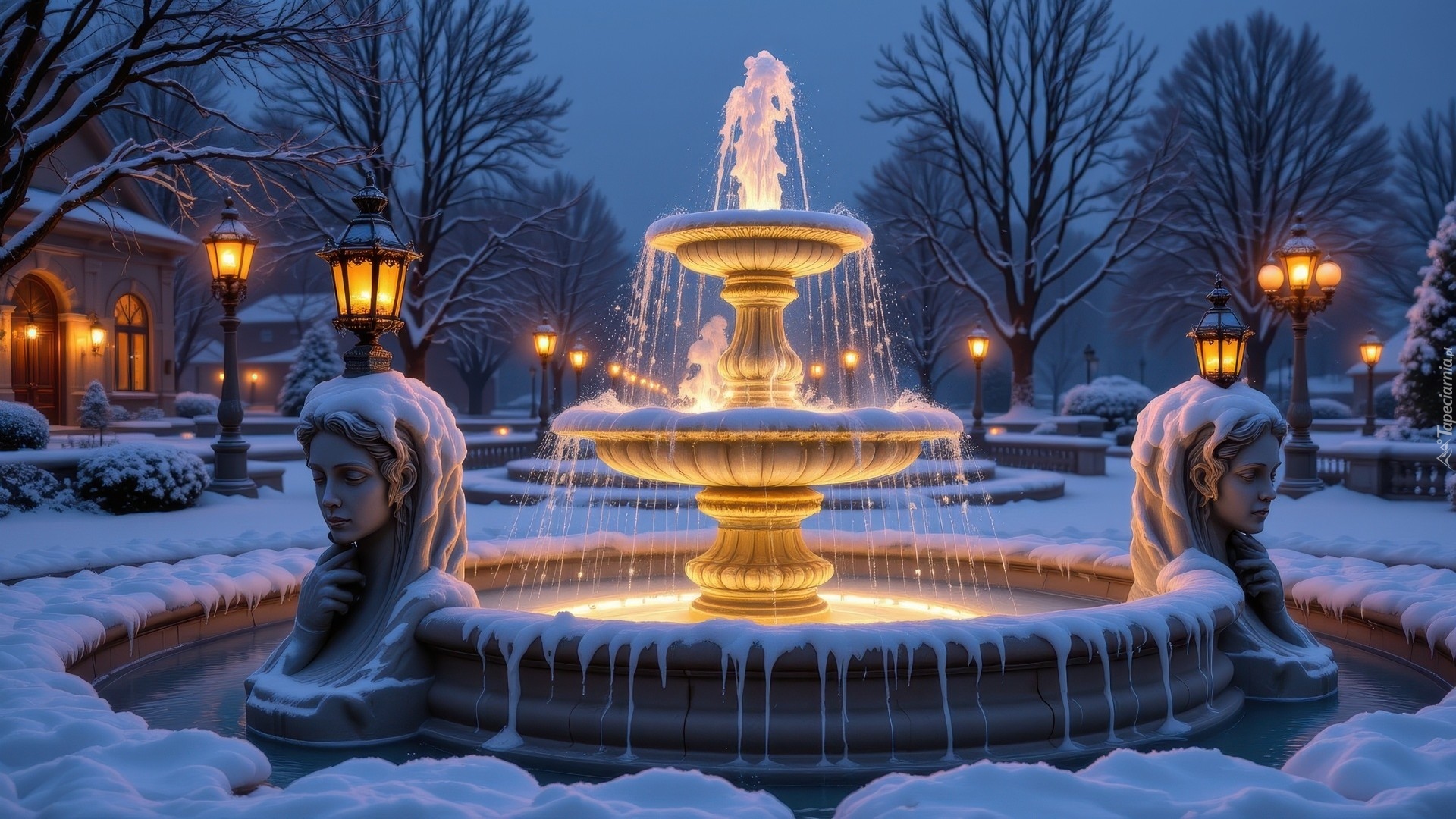 Zima, Fontanna, Figury, Oświetlone, Latarnie, Śnieg, Drzewa