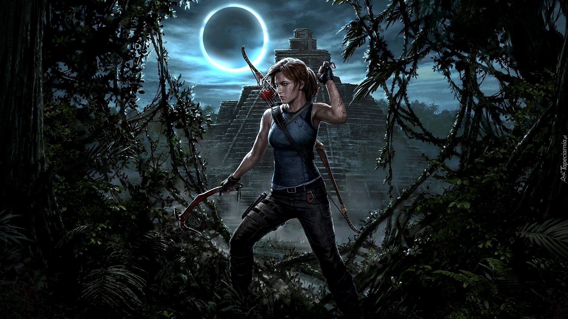 Gra, Shadow of the Tomb Raider, Lara Croft, Noc, Księżyc  
