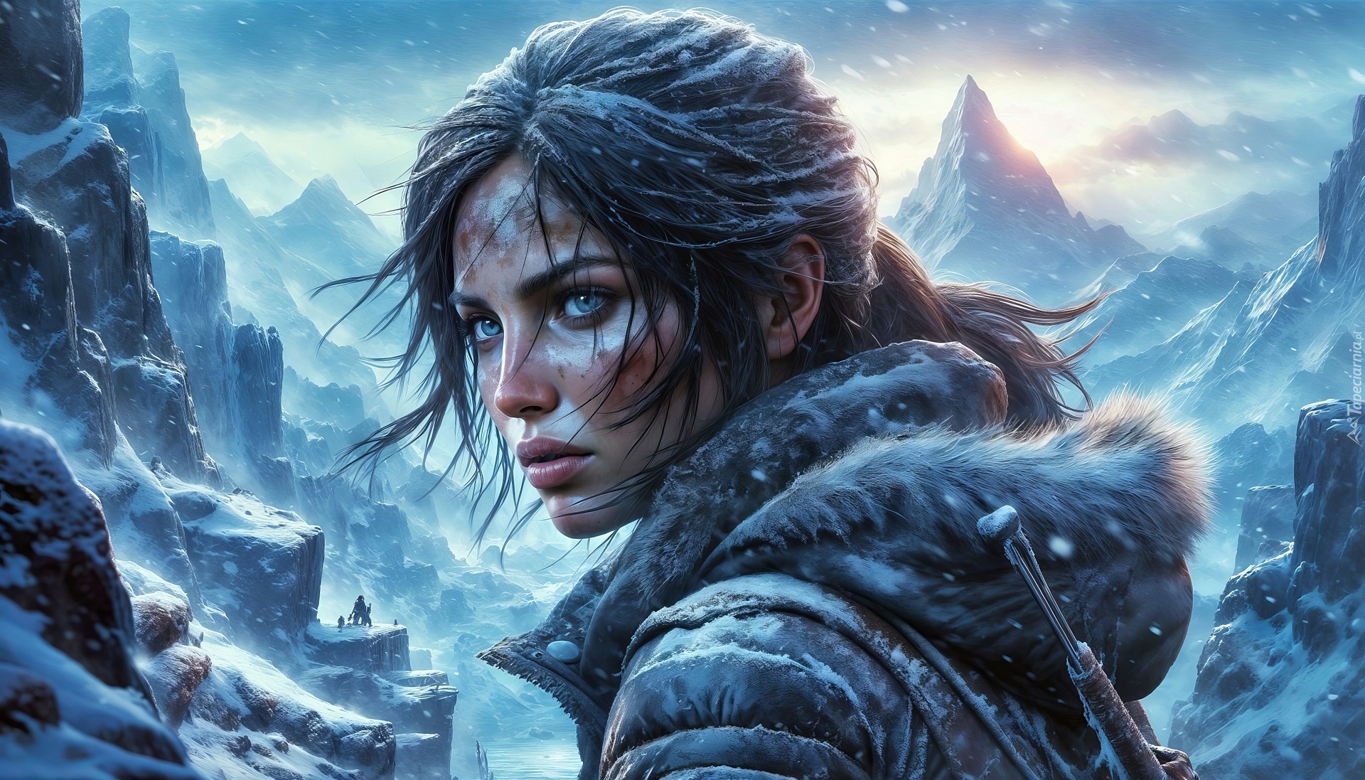 Lara Croft, Kurtka, Kaptur, Misja, Zima, Góry, Grafika AI