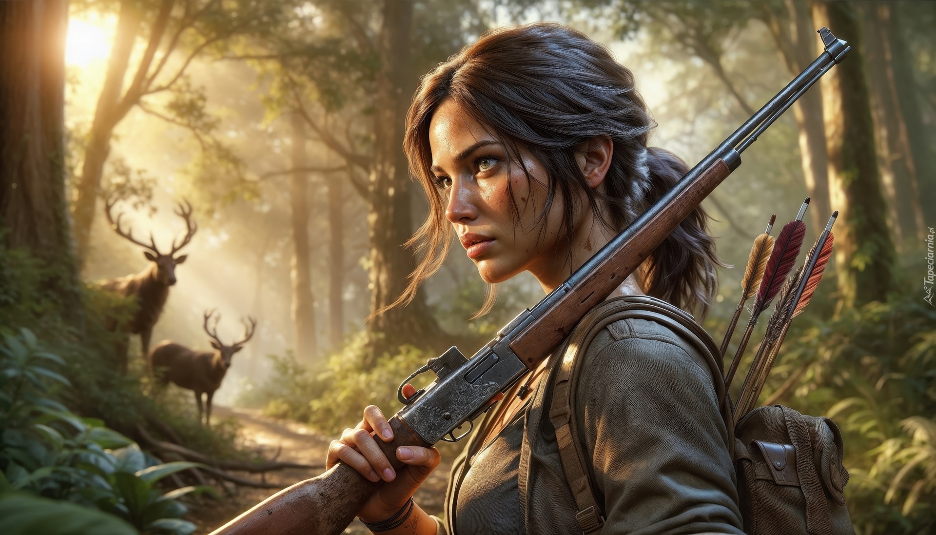 Lara Croft, Postać, Broń, Las, Jelenie, Grafika AI