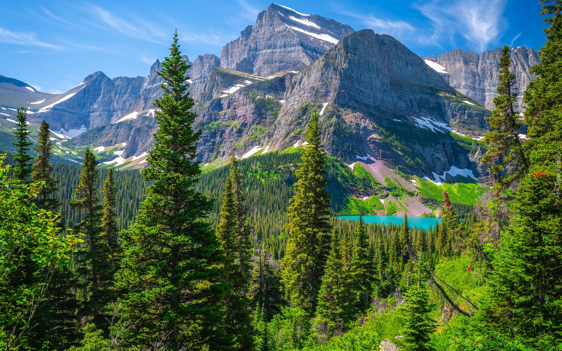 Stany Zjednoczone, Montana, Park Narodowy Glacier, Góry, Jezioro, Grinnell Lake, Lasy, Drzewa