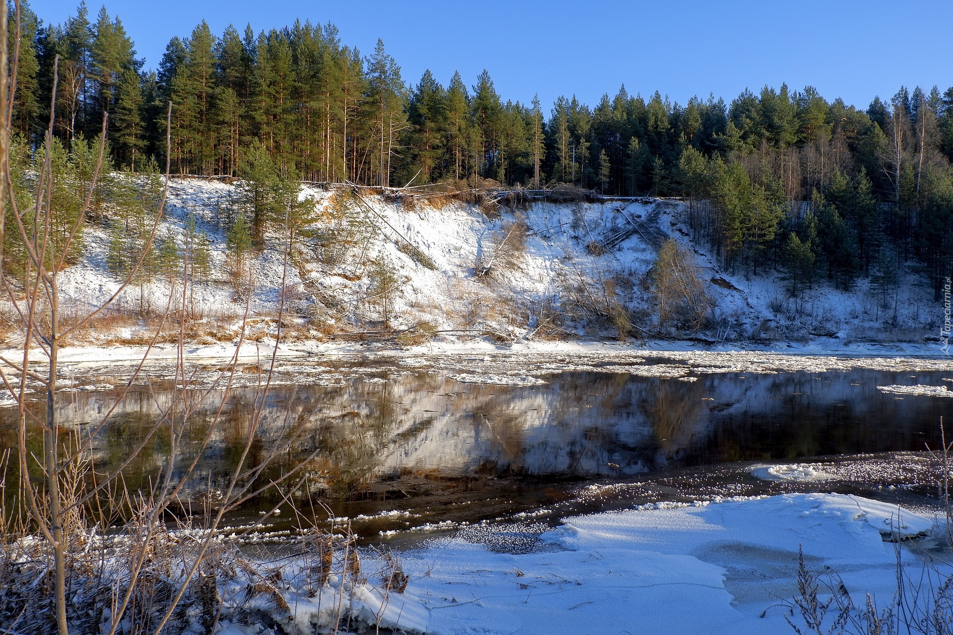 Zima, Rzeka, Las, Drzewa, Wzgórze, Śnieg