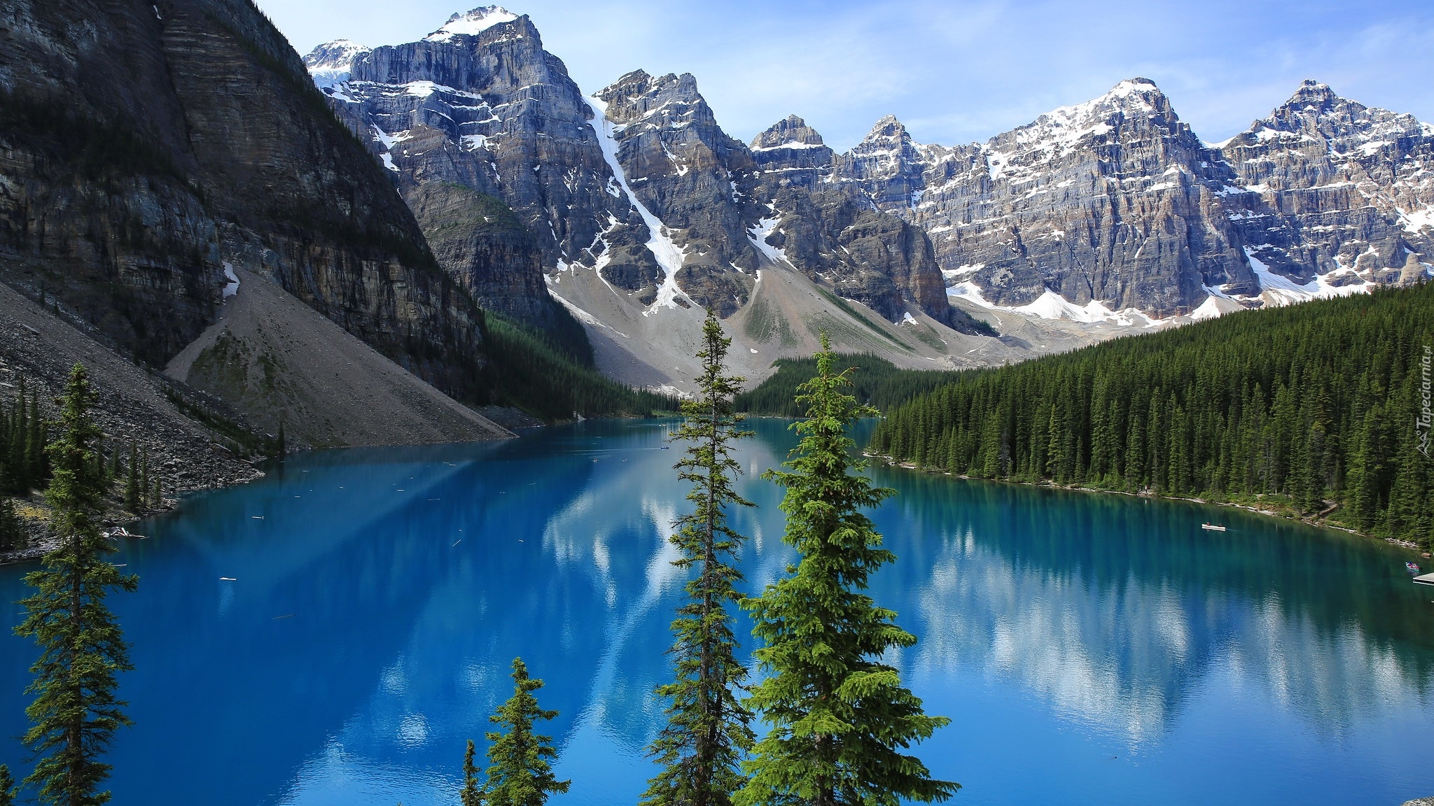 Góry, Jezioro, Moraine Lake, Drzewa, Park Narodowy Banff, Kanada