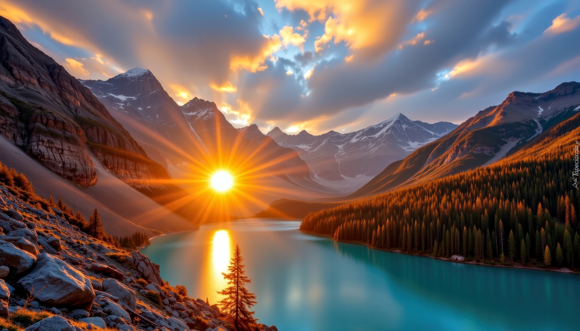 Jezioro, Lasy, Góry, Promienie słońca, Grafika AI