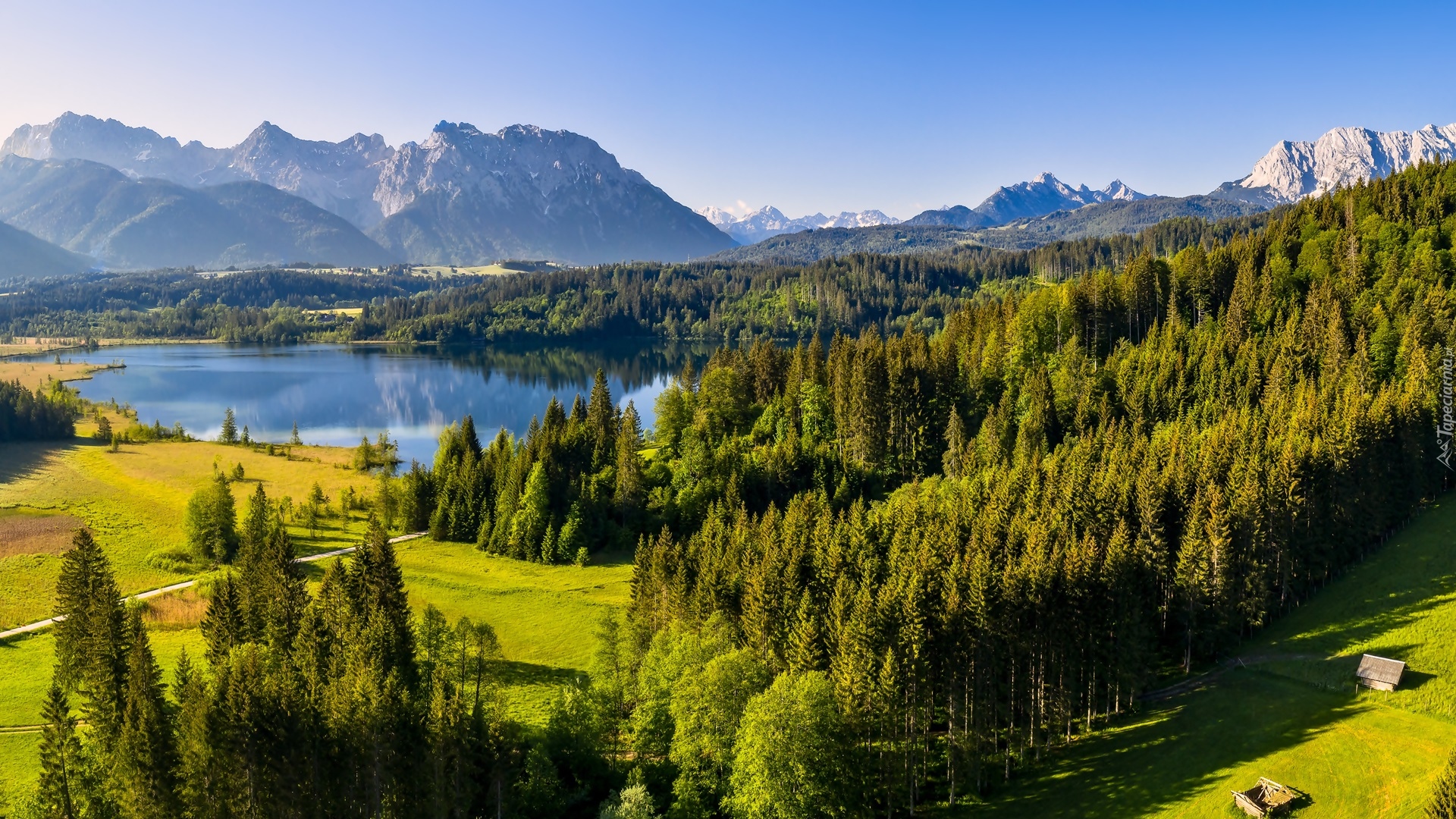 Jezioro Eibsee, Góry, Karwendel, Drzewa, Zielone, Lasy, Bawaria, Niemcy
