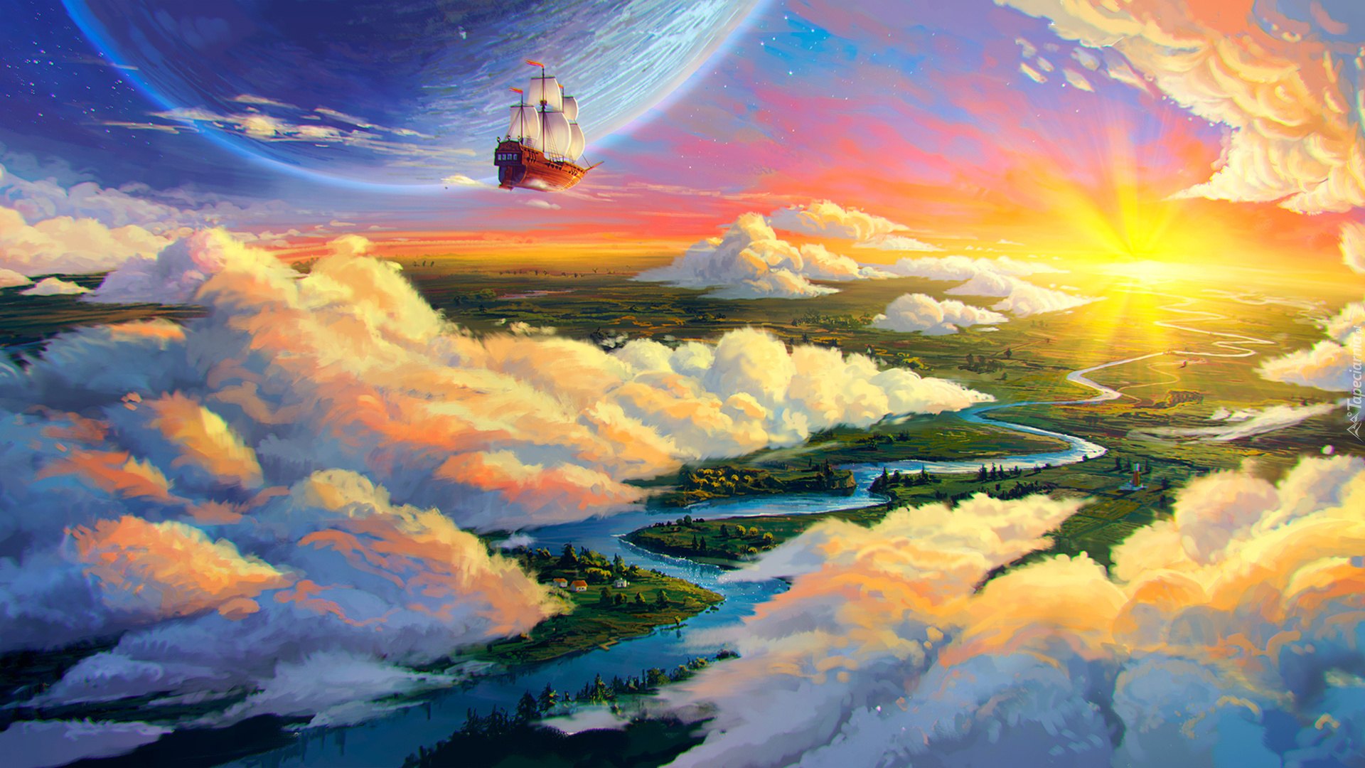 Fantasy, Chmury, Niebo, Słońce, Rzeka, Statek
