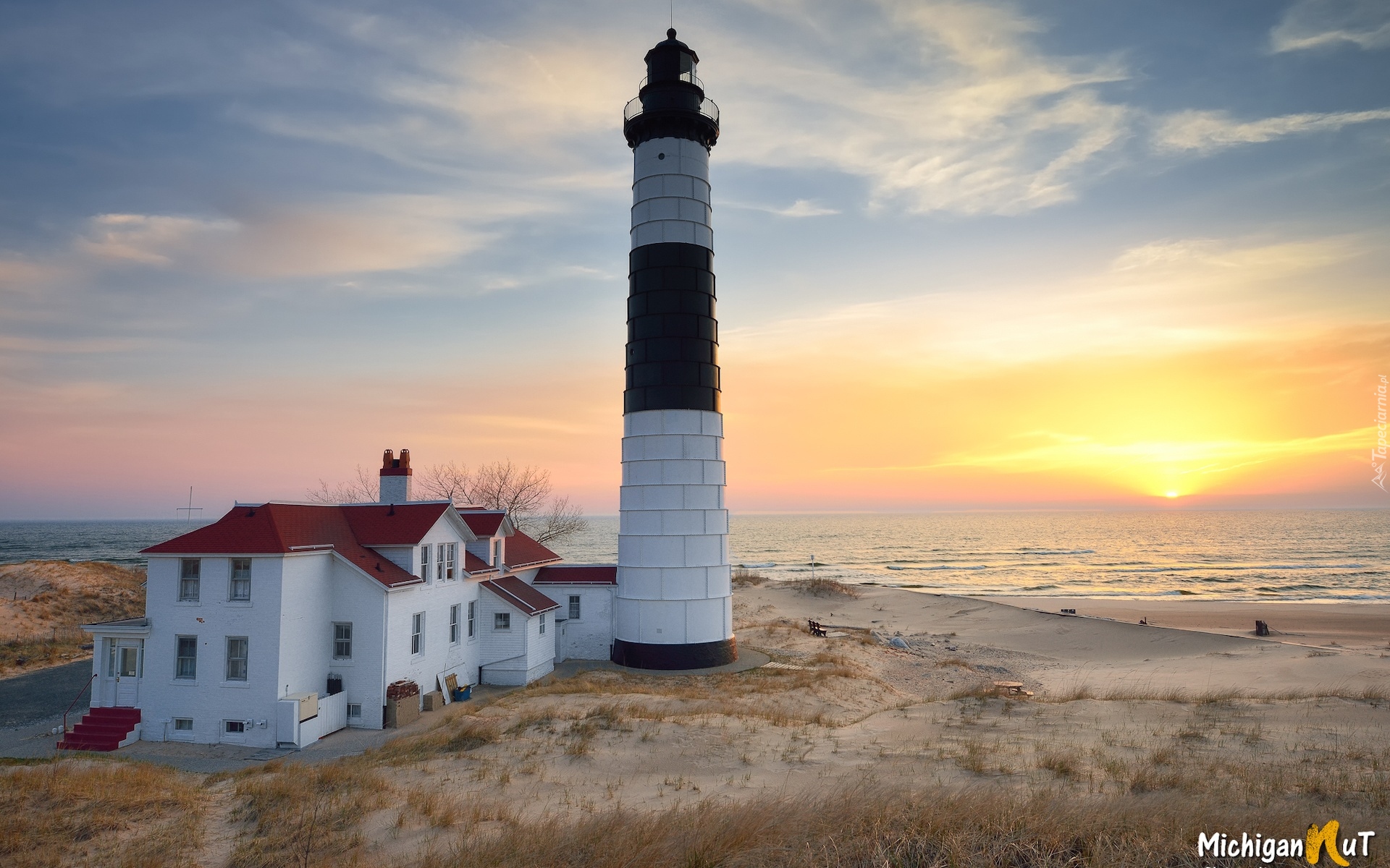 Stany Zjednoczone, Michigan, Ludington, Jezioro, Michigan Lake, Latarnia morska, Big Sable Point, Zachód słońca