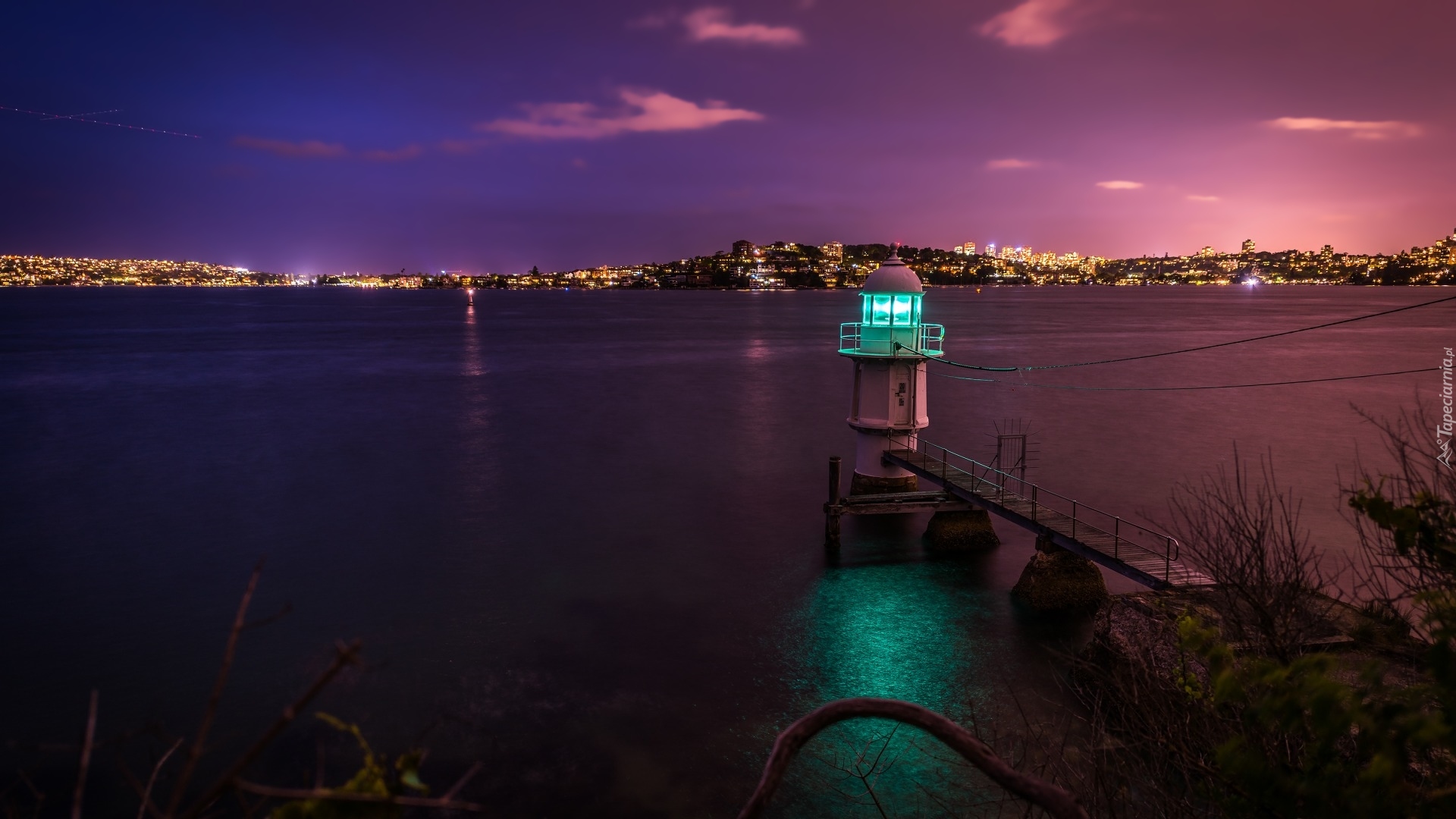 Australia, Sydney, Latarnia morska Bradleys Head Light, Morze, Miasto nocą