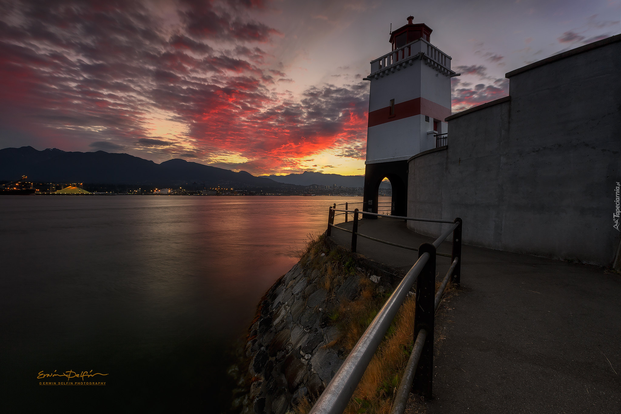 Wschód słońca, Zatoka, Morze, Latarnia morska Brockton Point, Stanley Park, Vancouver, Kanada