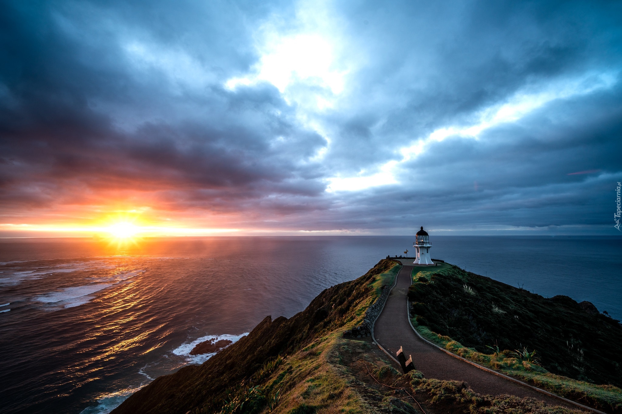 Latarnia morska, Cape Reinga Lighthouse, Droga, Morze, Skała, Zachód słońca, Cypel, Przylądek Reinga, Northland, Nowa Zelandia