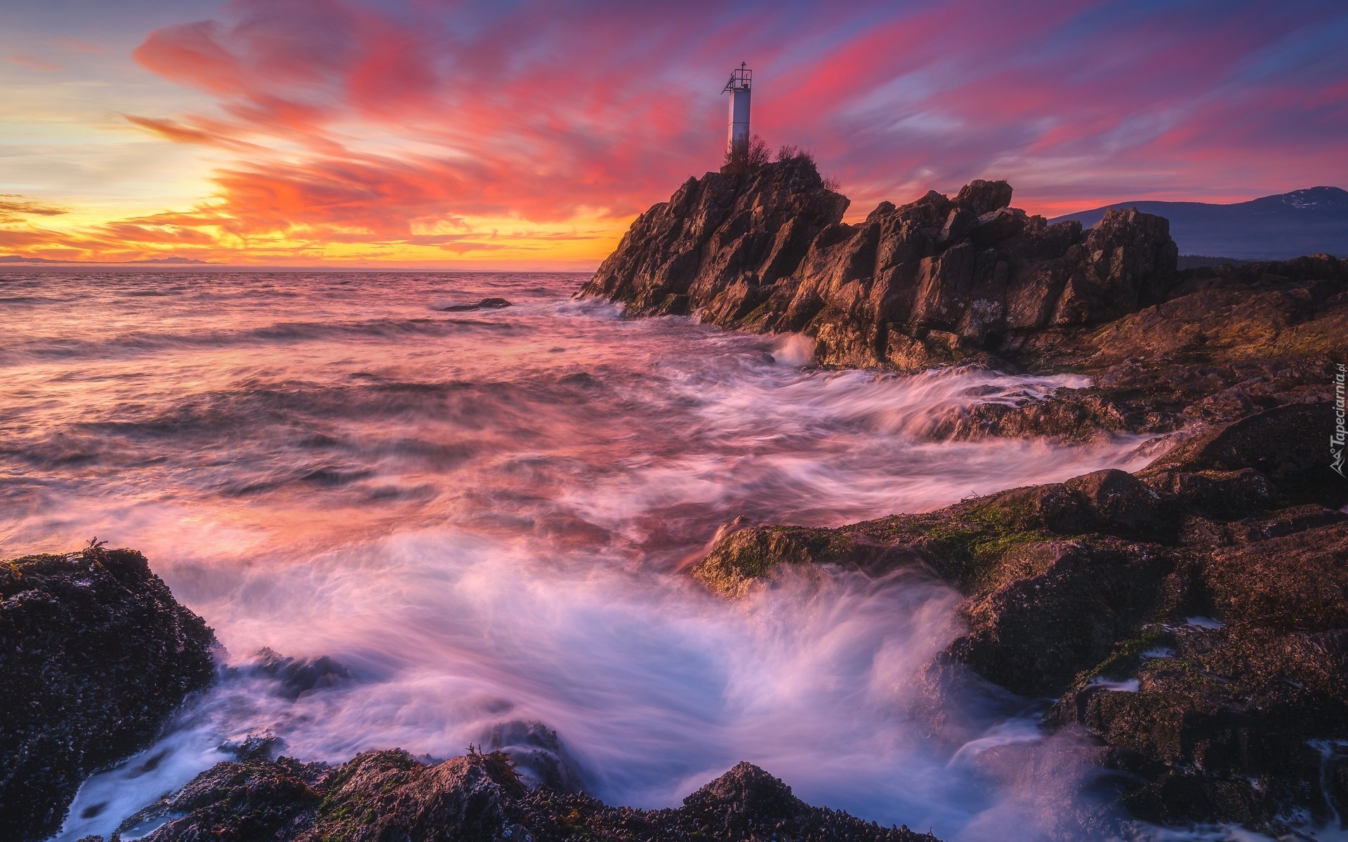 Morze, Latarnia morska, Cape Roger Curtis Lighthouse, Skały, Zachód słońca, Kanada