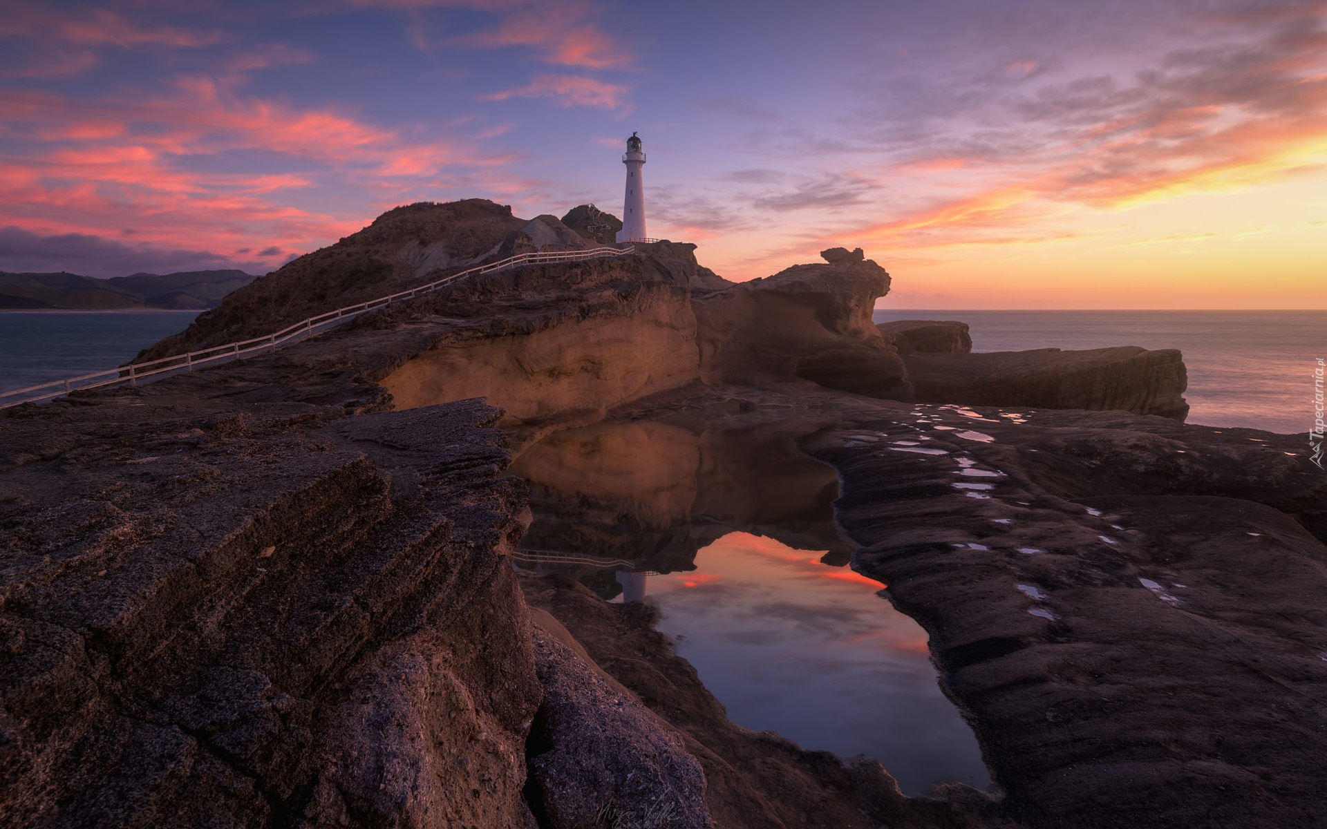 Morze, Skały, Latarnia morska, Castlepoint Lighthouse, Zachód słońca, Castlepoint, Nowa Zelandia