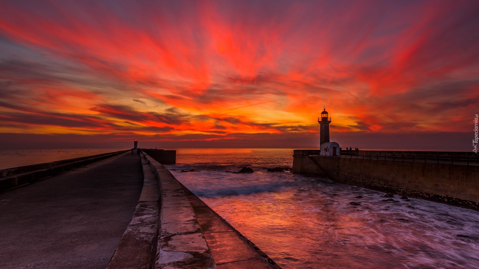 Portugalia, Porto, Morze, Latarnia morska, Felgueiras Lighthous Zachód słońca