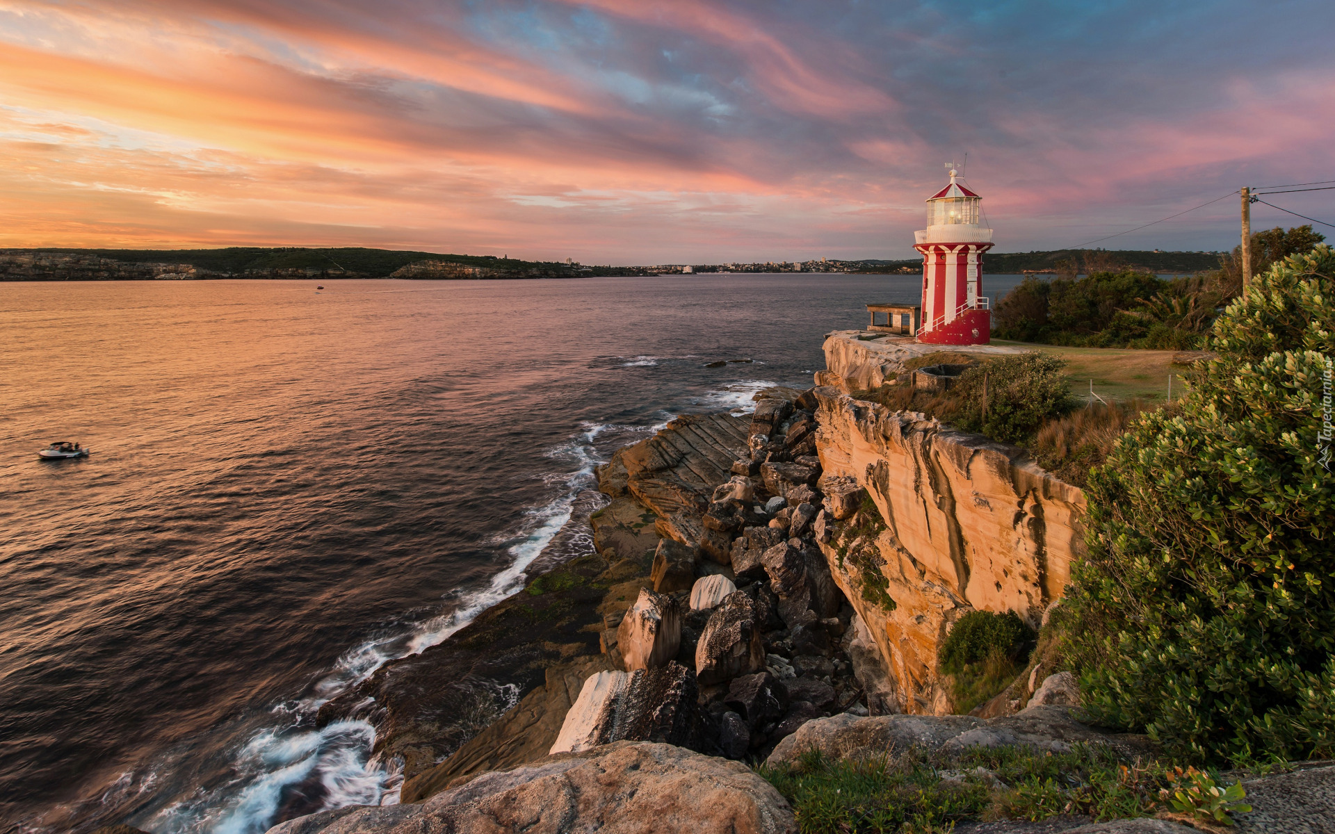 Morze, Skały, Latarnia morska, Hornby Lighthouse, Drzewa, Kamienie, Poranek, Australia