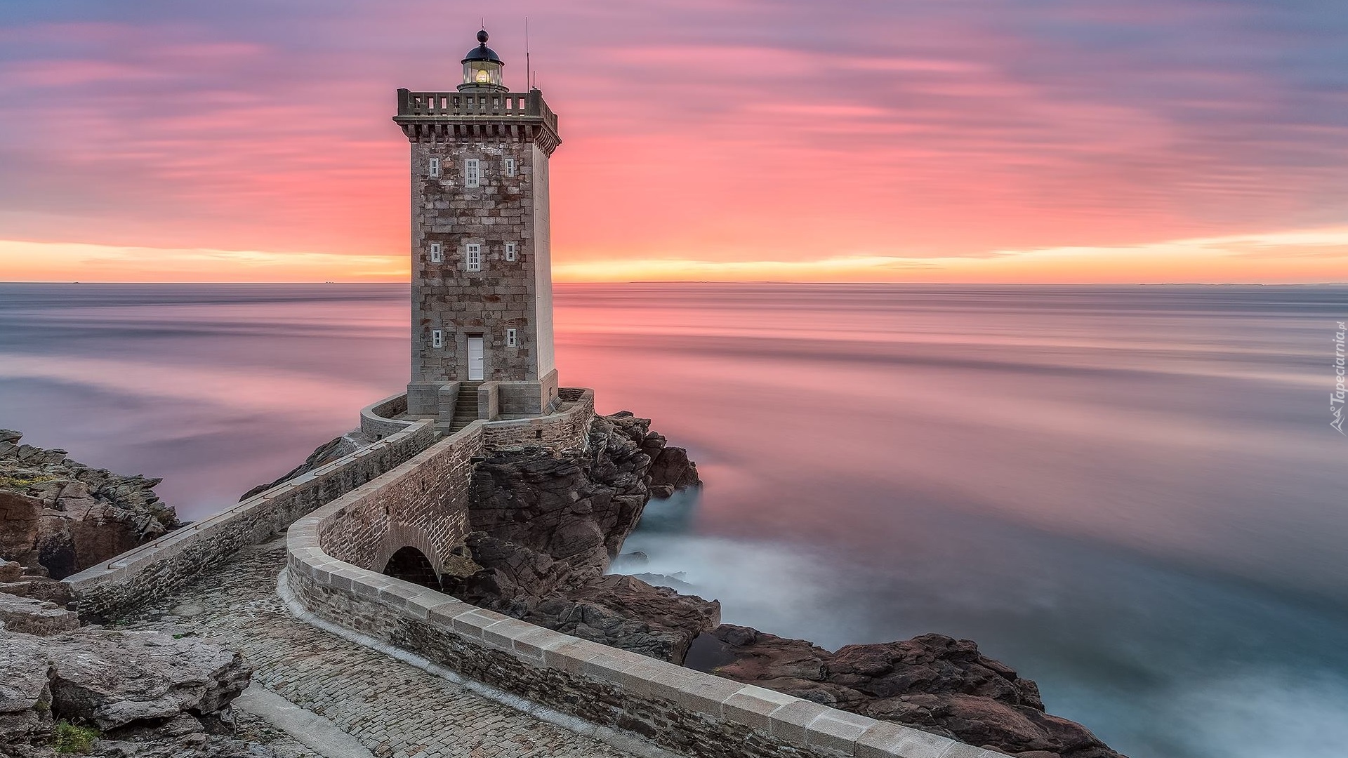 Latarnia morska, Kermorvan lighthouse, Droga, Murek, Morze, Skały, Wschód słońca, Gmina Conquet, Bretania, Francja