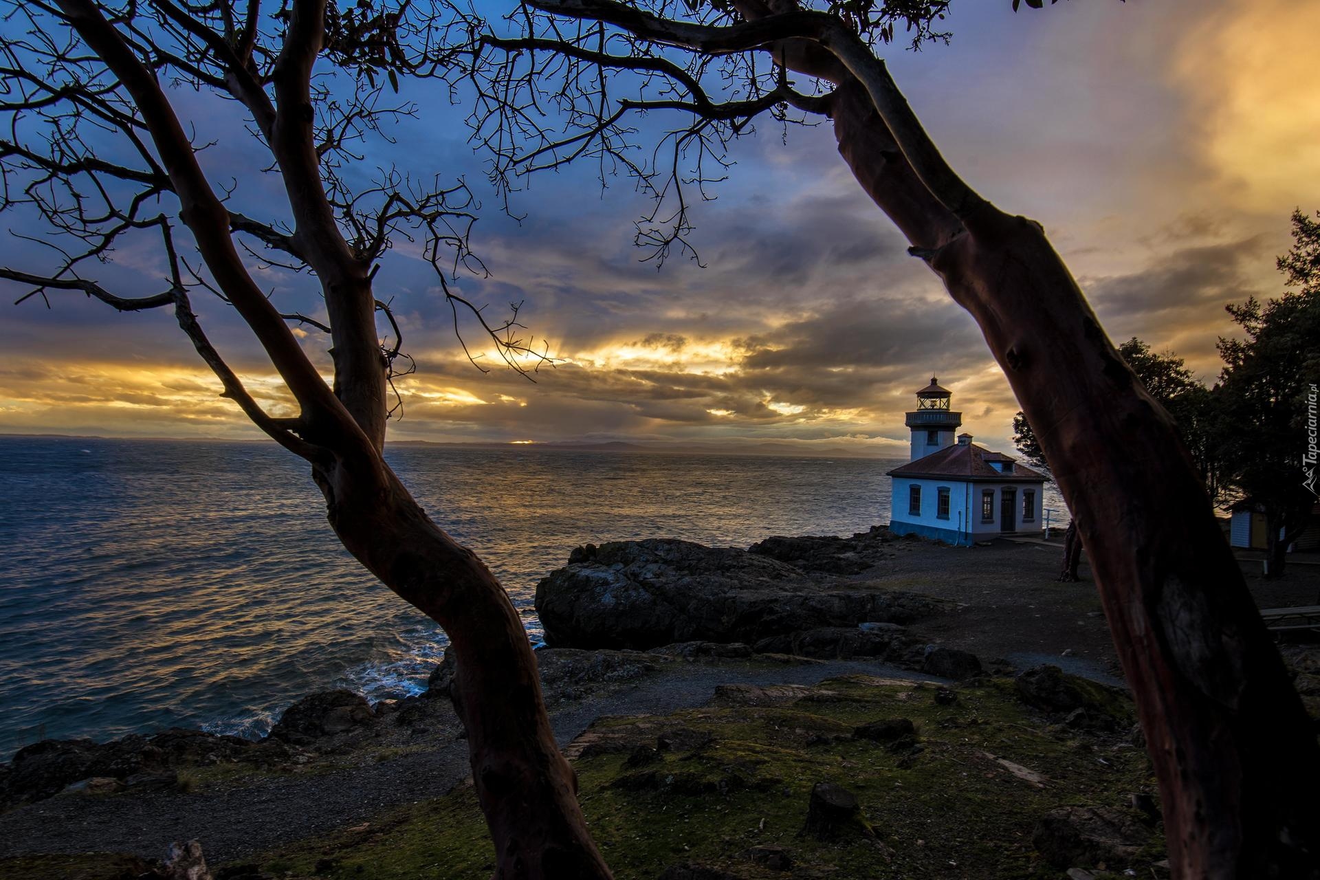 Latarnia morska, Lime Kiln Lighthouse, Morze, Drzewa, Chmury, Zachód słońca, Wyspa San Juan, Stan Waszyngton, Stany Zjednoczone