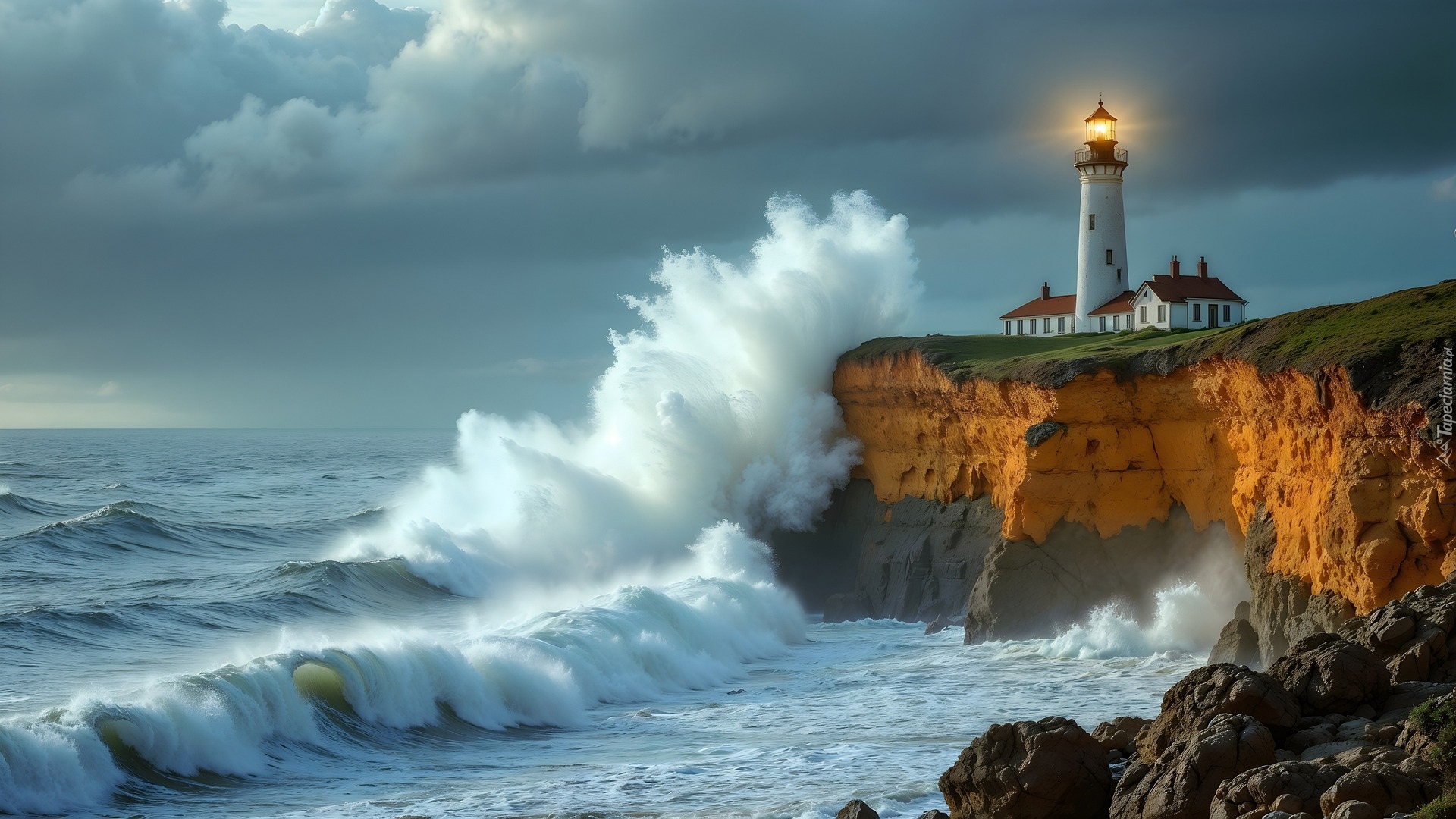 Morze, Latarnia morska, Skały, Klif, Fale, AI