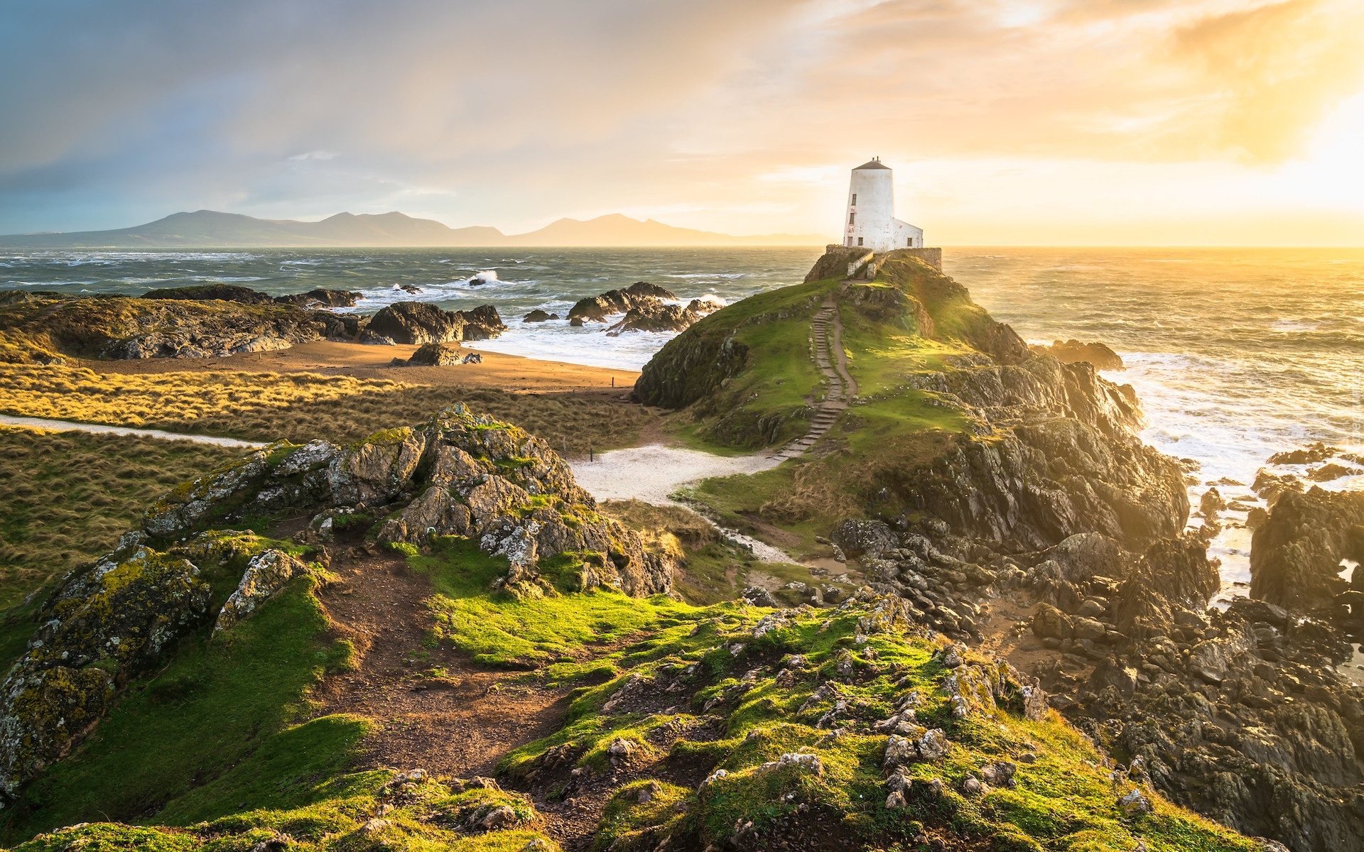 Wielka Brytania, Walia, Morze, Wyspa, Ynys Llanddwyn, Latarnia morska, Twr Mawr, Schody, Skały