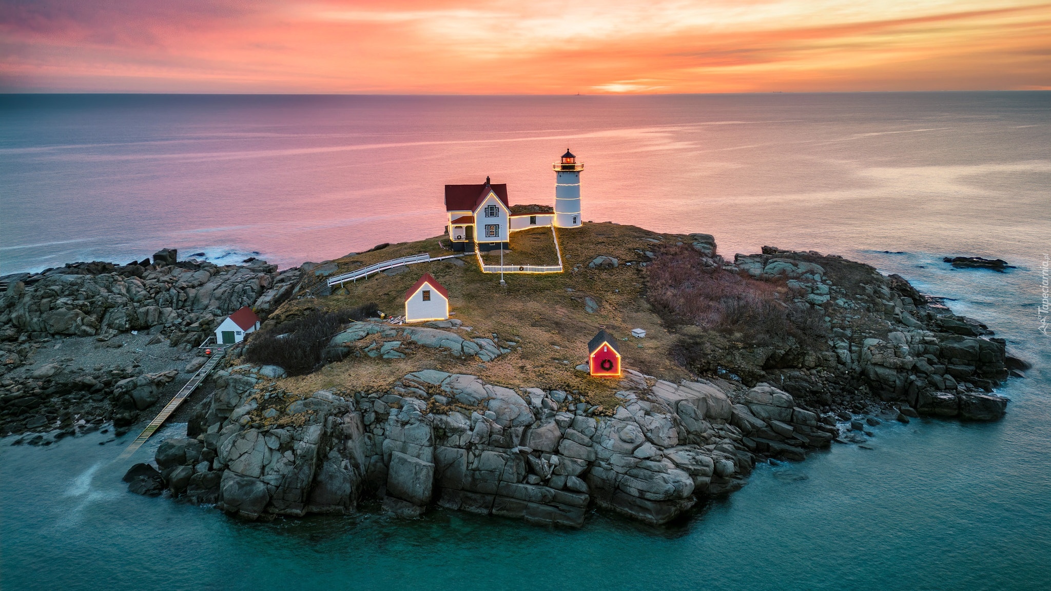 Morze, Skały, Latarnia morska, Nubble Lighthouse, Cape Neddick, Stan Maine, Stany Zjednoczone