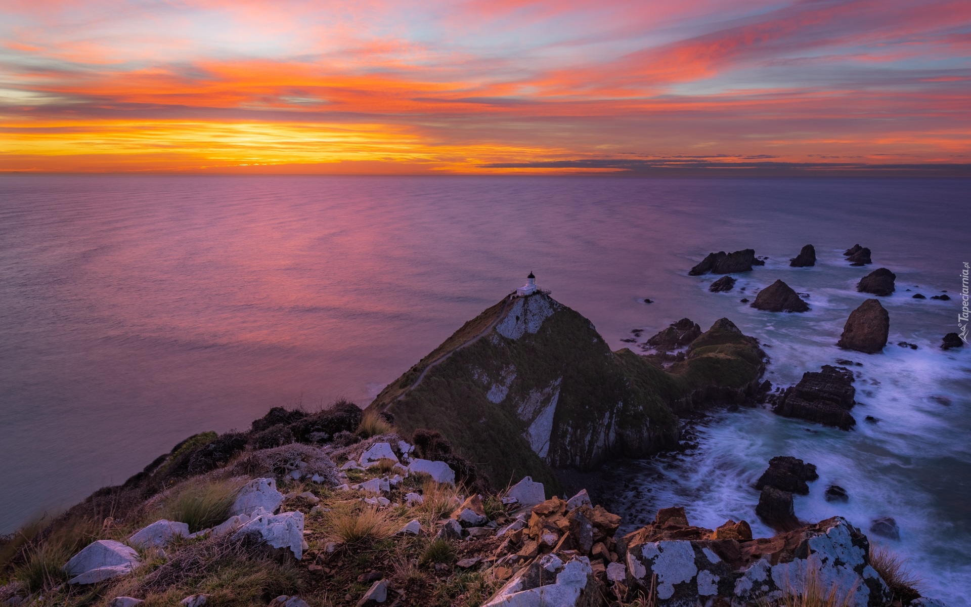 Latarnia morska Nugget Point, Morze, Skały, Region Otago, Nowa Zelandia