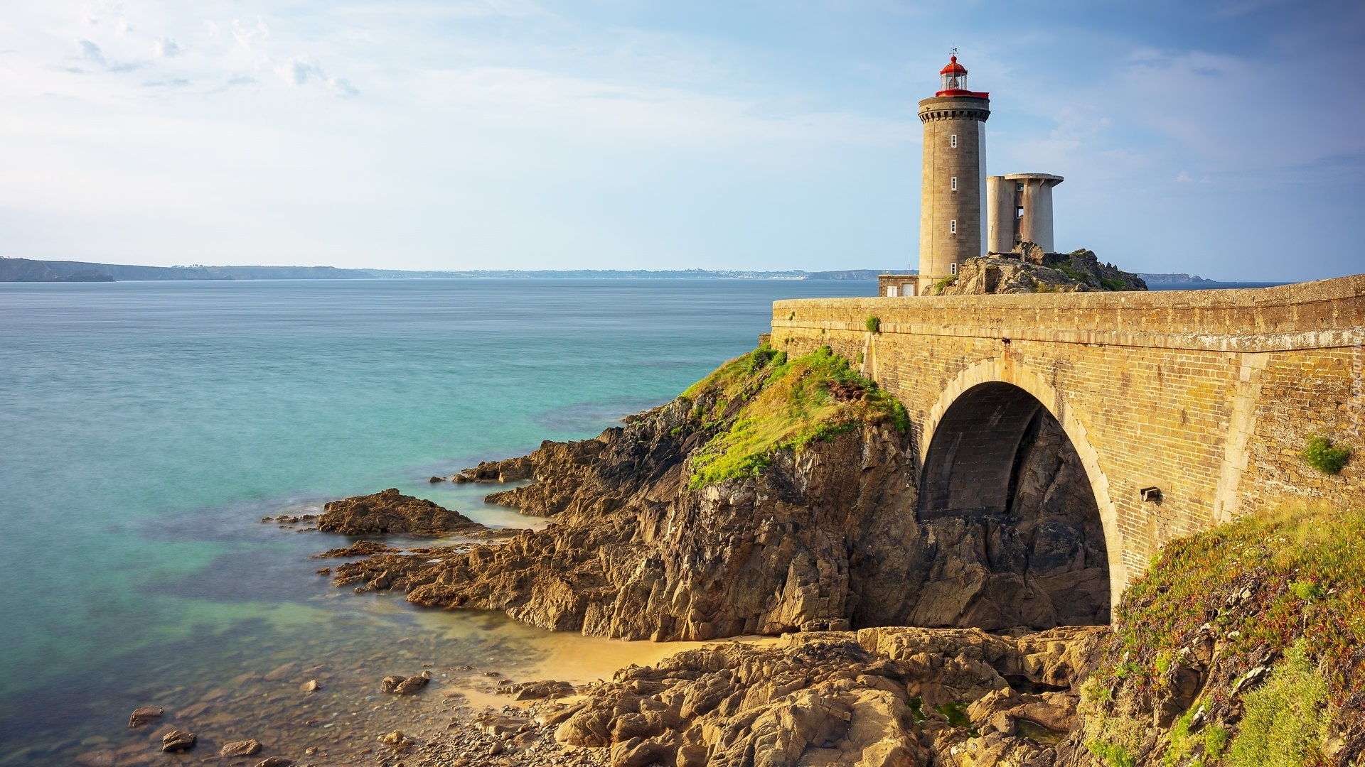 Morze, Latarnia morska, Phare du Petit Minou, Most, Mur, Gmina Plouzane, Bretania, Francja