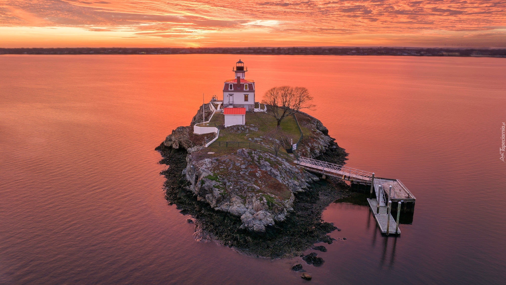 Stany Zjednoczone, Nowa Anglia, Rhode Island, Wyspa, Rzeka Providence, Skały, Latarnia morska, Pomham Rocks Light, Zachód słońca