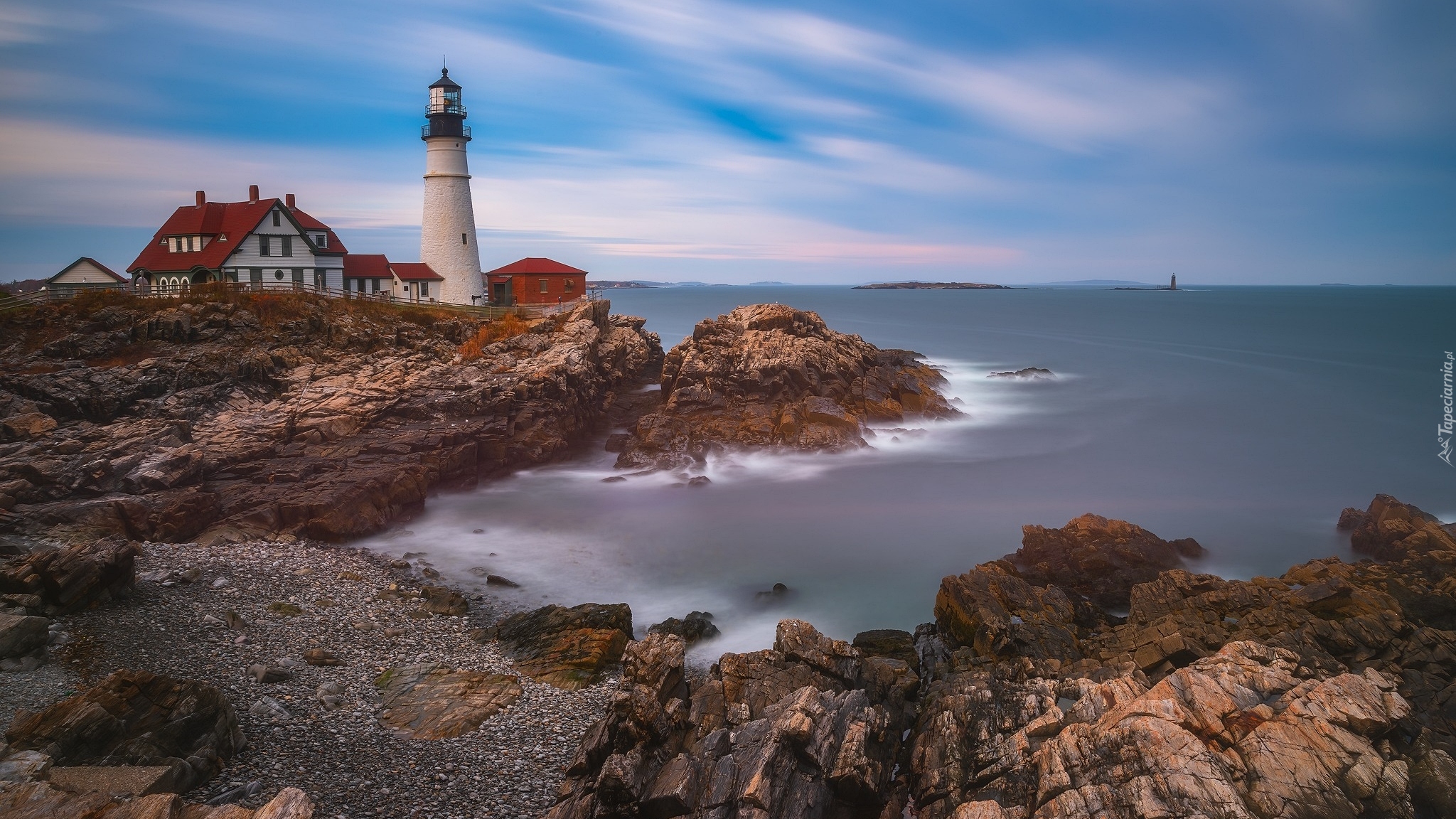 Latarnia morska Portland Head, Domy, Skały, Morze, Cape Elizabeth, Maine, Stany Zjednoczone