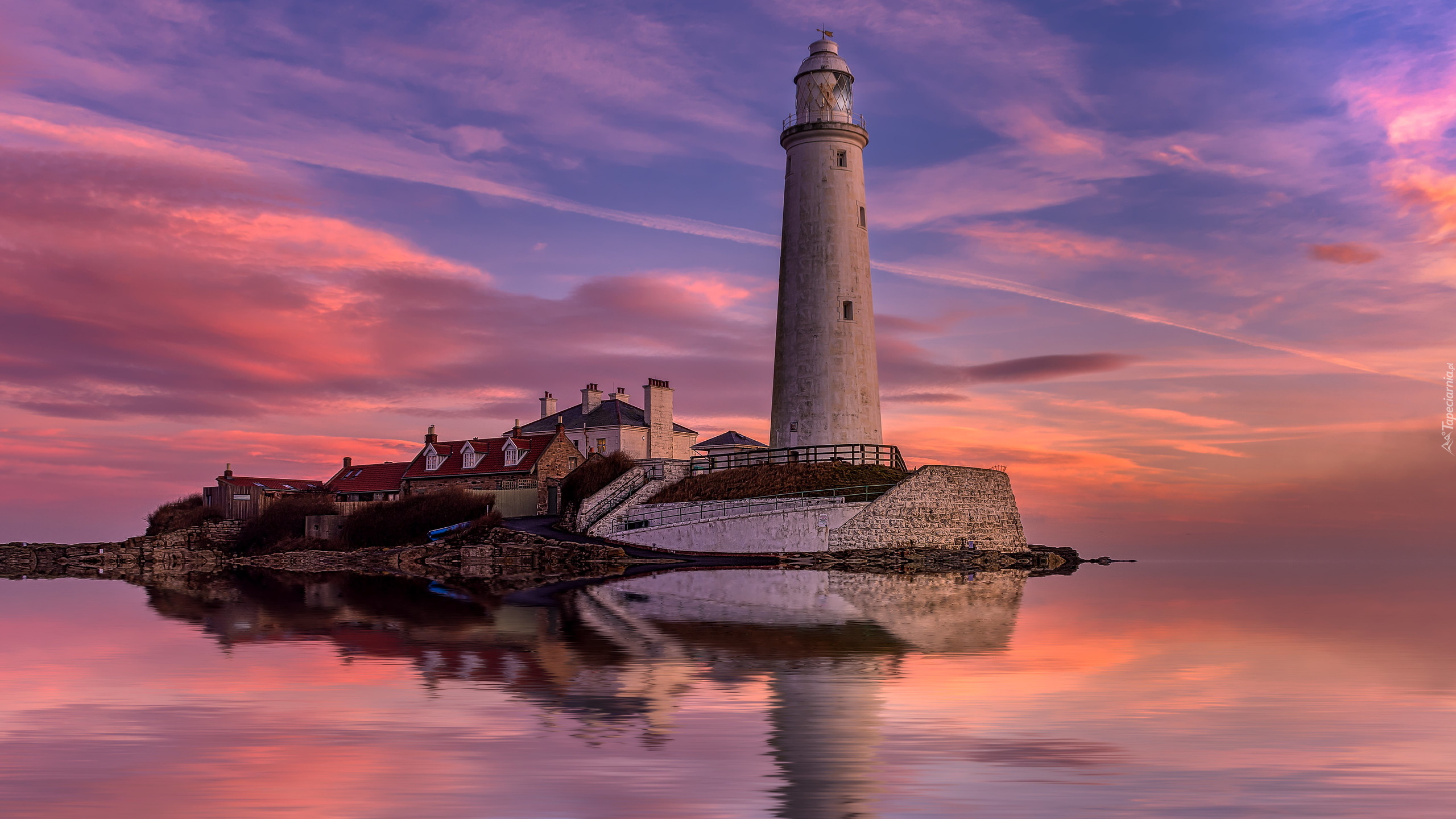 Wyspa, Zachód słońca, Morze, Latarnia morska, St Marys Lighthouse, Hartley, Whitley Bay, Anglia