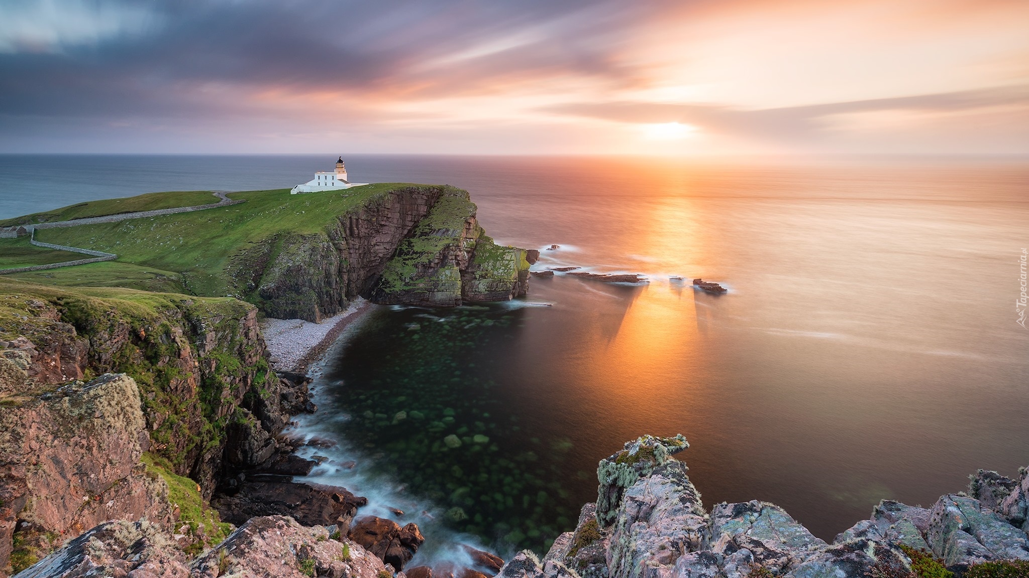 Morze, Wybrzeże, Latarnia morska, Stoer Lighthouse, Skały, Wschód słońca, Szkocja