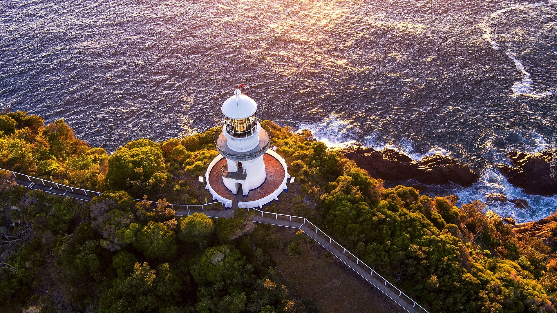 Latarnia morska, Sugarloaf Point Lighthouse, Drzewa, Morze, Z lotu ptaka, Australia