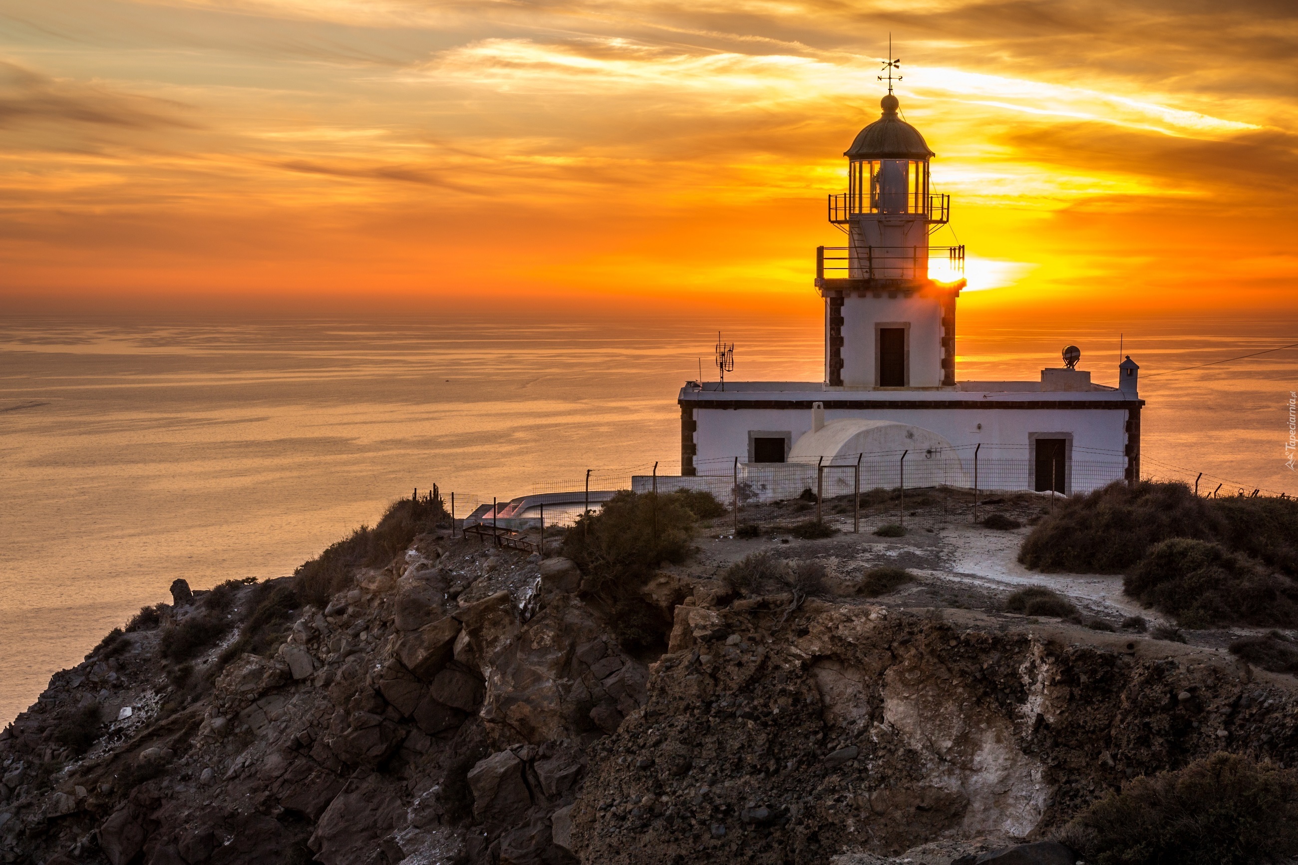 Grecja, Santorini, Akrotiri, Latarnia morska, Morze, Zachód słońca