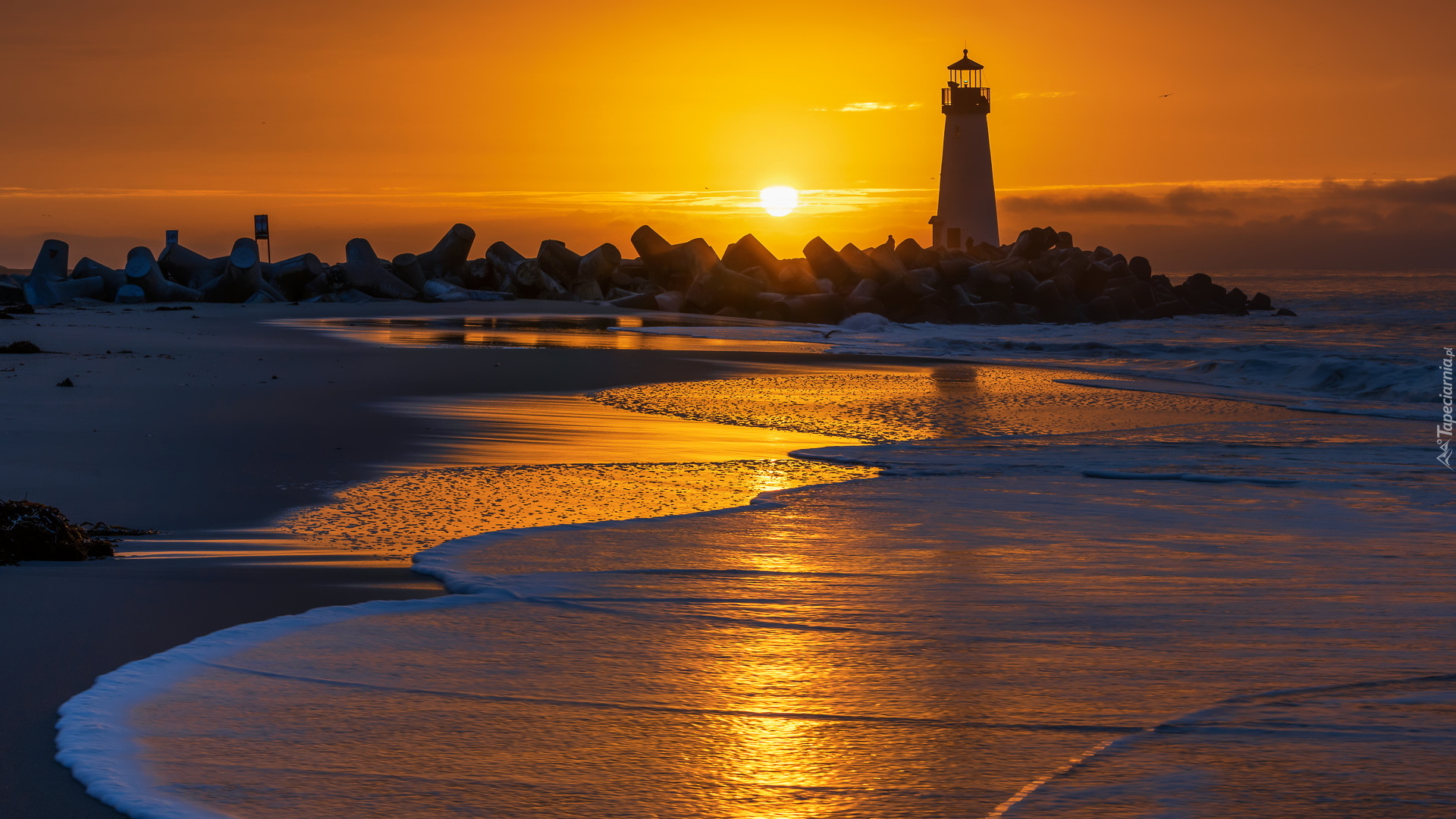 Wschód słońca, Morze, Skały, Latarnia morska, Walton Lighthouse, Plaża, Seabright State Beach, Santa Cruz, Kalifornia, Stany Zjednoczone