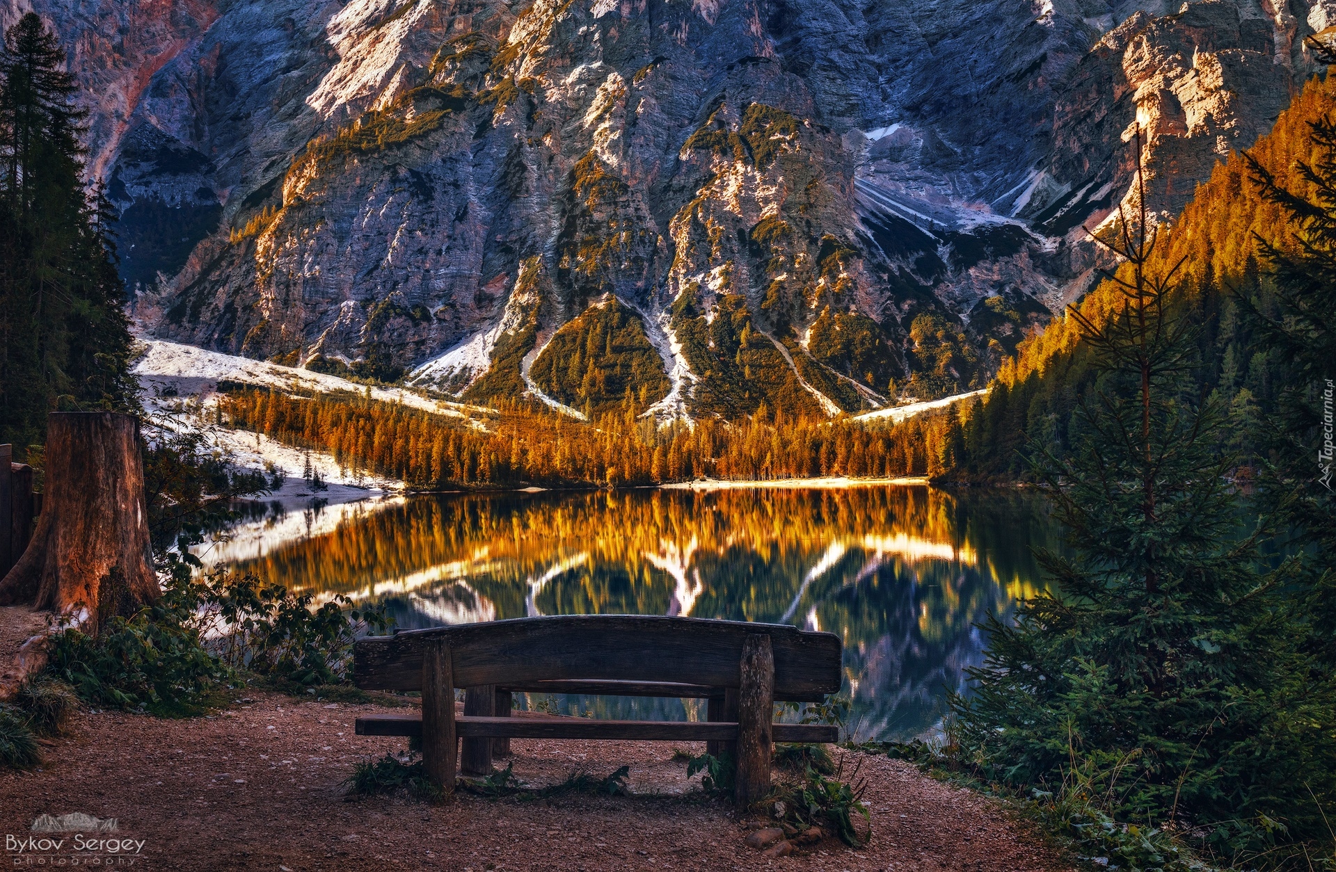 Jezioro, Pragser Wildsee, Lago di Braies, Ławka, Góry, Dolomity, Tyrol, Włochy