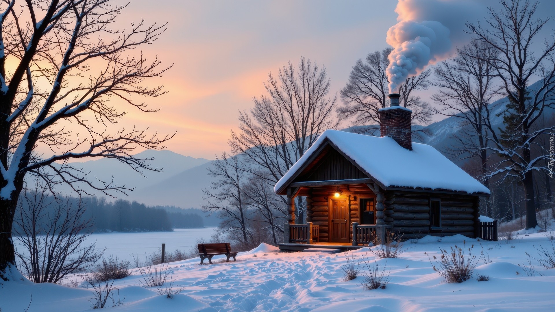 Zima, Dom, Dym, Ławka, Drzewa, Góry, Śnieg