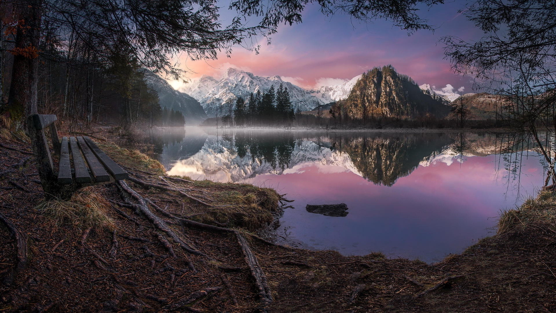 Jezioro Almsee, Ławka, Drzewa, Ośnieżone, Szczyty, Góry, Totes Gebirge, Wzgórza, Austria